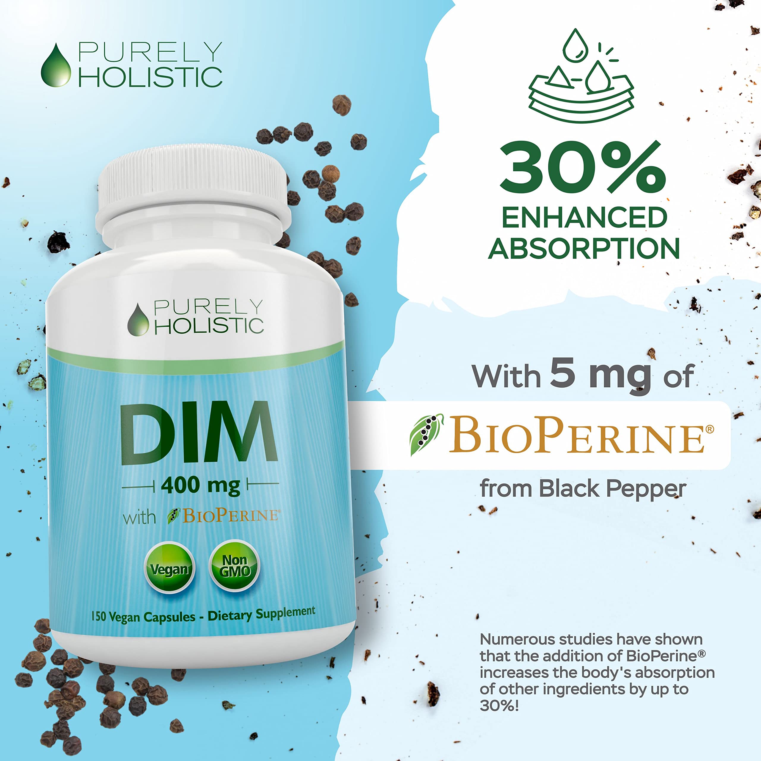 DIM Supplement 400mg Plus Bioperine - 150 Vegan Capsules - 5 Month Supply - Hormone Balance