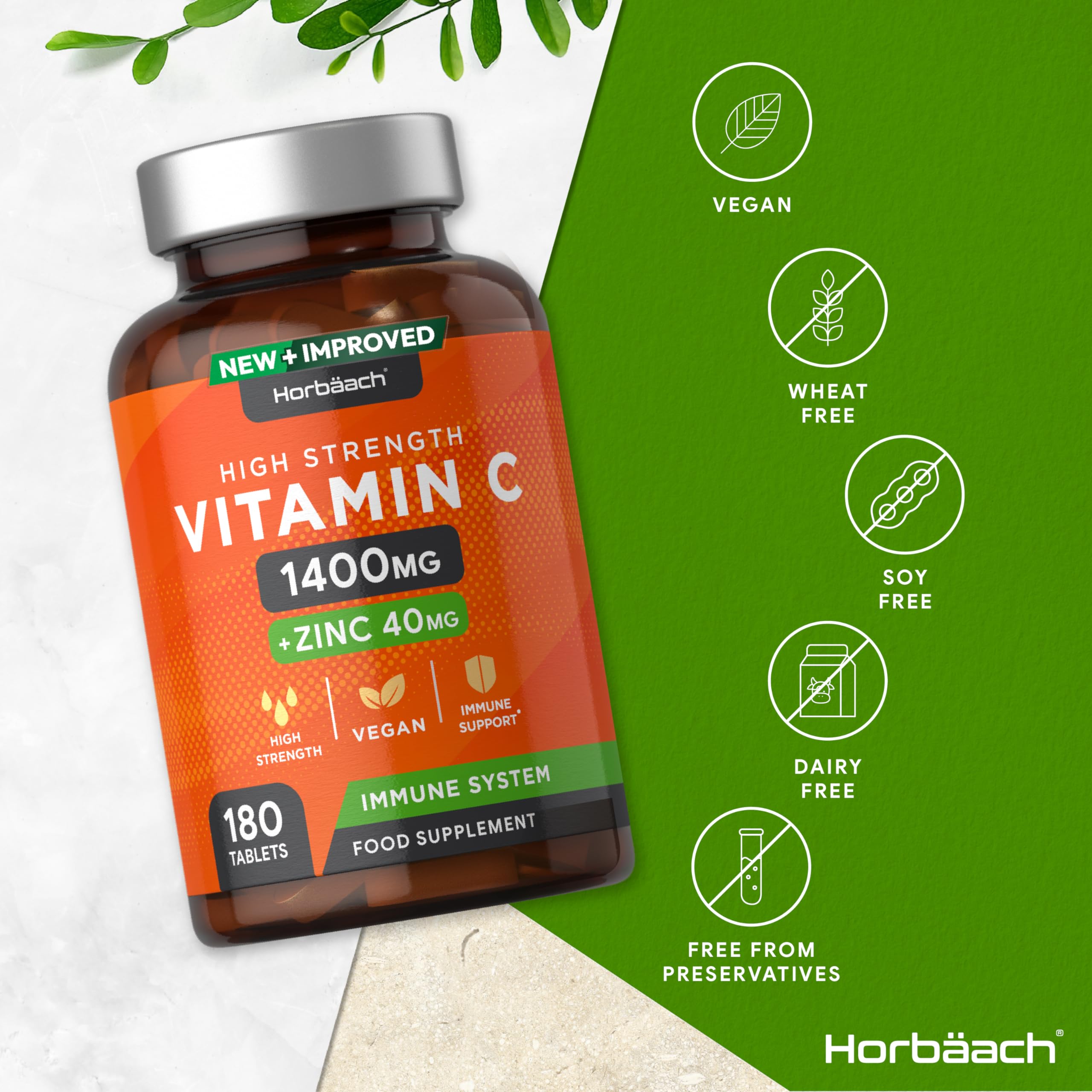 Vitamin C and Zinc | 180 Vegan Tablets | High Strength Vitamin C 1400mg and Zinc 40mg
