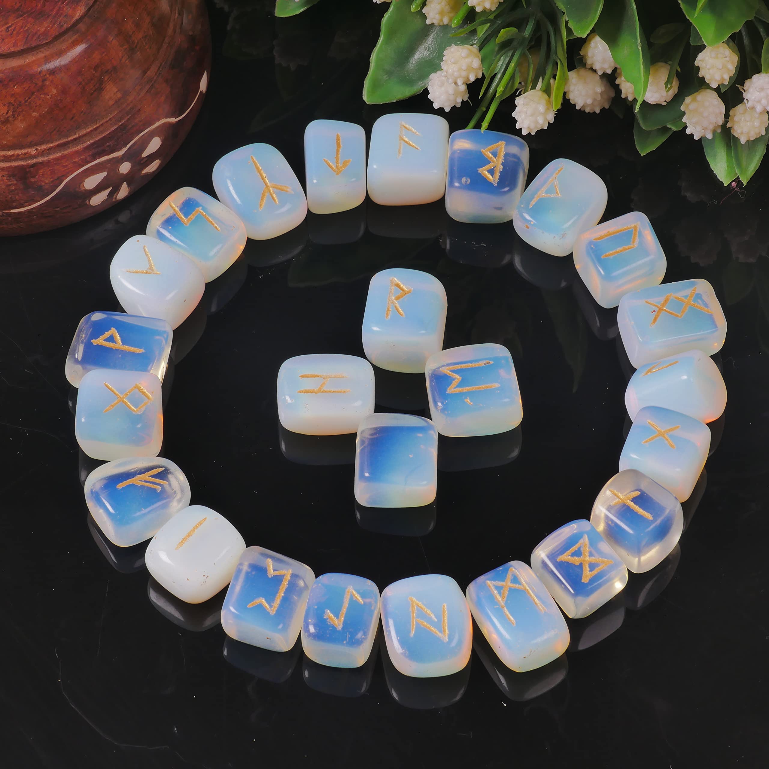 Opalite Rune Stone - Rune Set - Engraved Elder Futhark Alphabet Symbols - Witchcraft Crystals