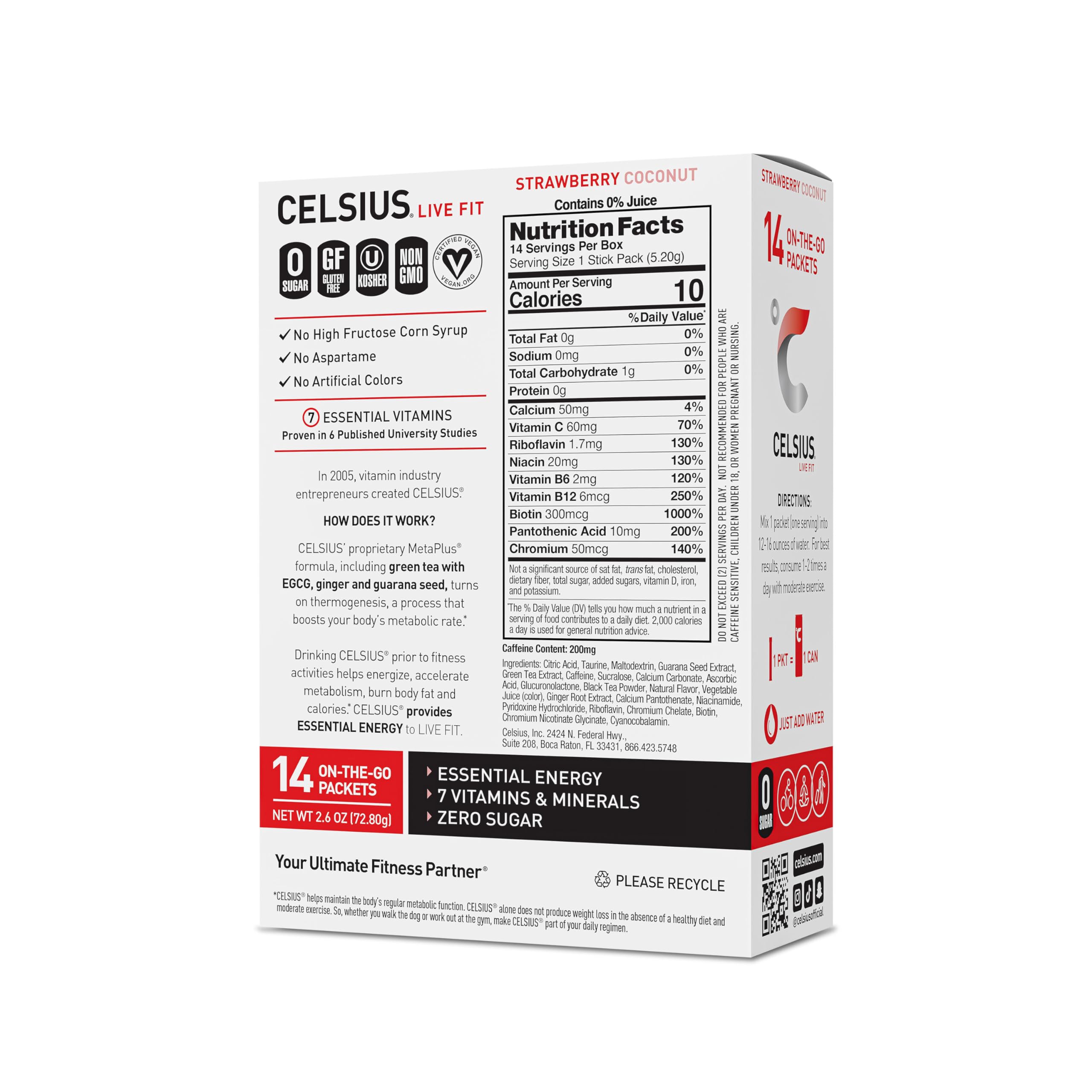 CELSIUS On-the-Go Essential Energy Drink Mix, Strawberry Coconut (14 Stick Pack)