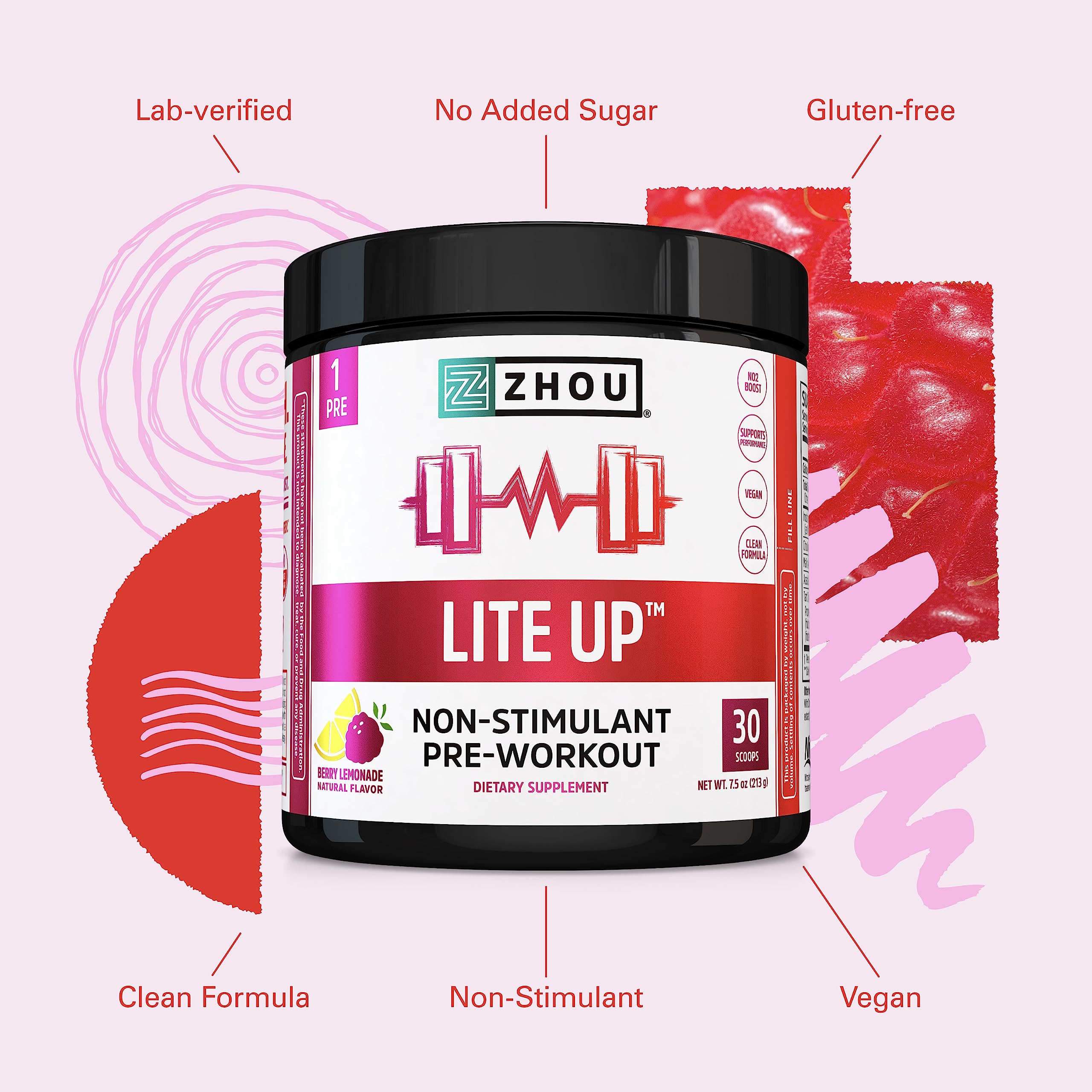 Zhou Nutrition Lite Up, Non-Stimulant Pre Workout Powder, Caffeine Free Nitric Oxide