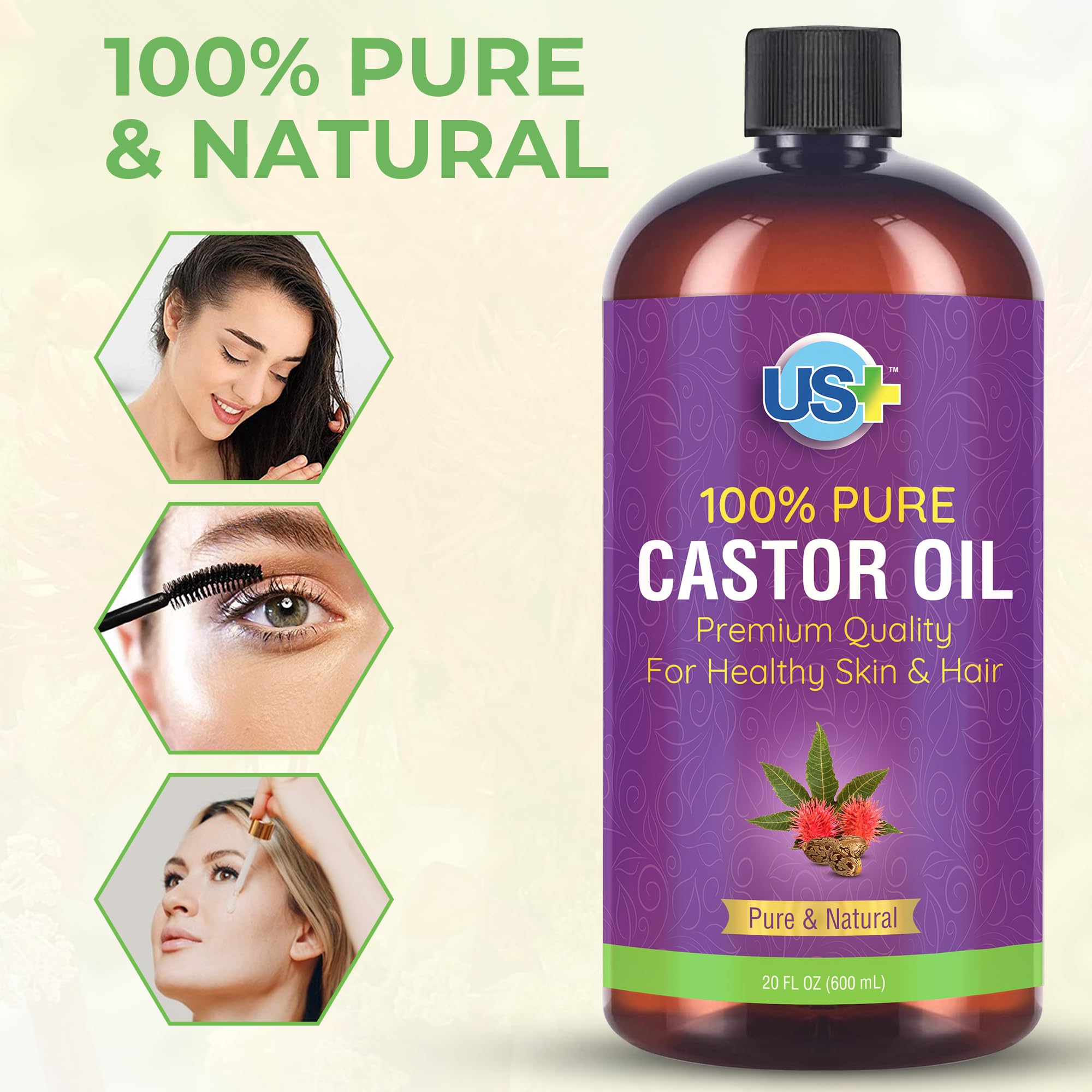 Us+ 20oz 100% Pure Castor Oil - Cold-pressed, Unrefined, Hexane-free - USP Grade - Premium Quality
