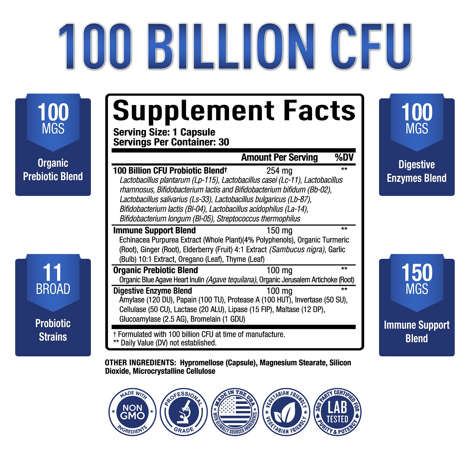 Purely Optimal Premium Probiotics 100 Billion CFU w/Digestive Enzymes