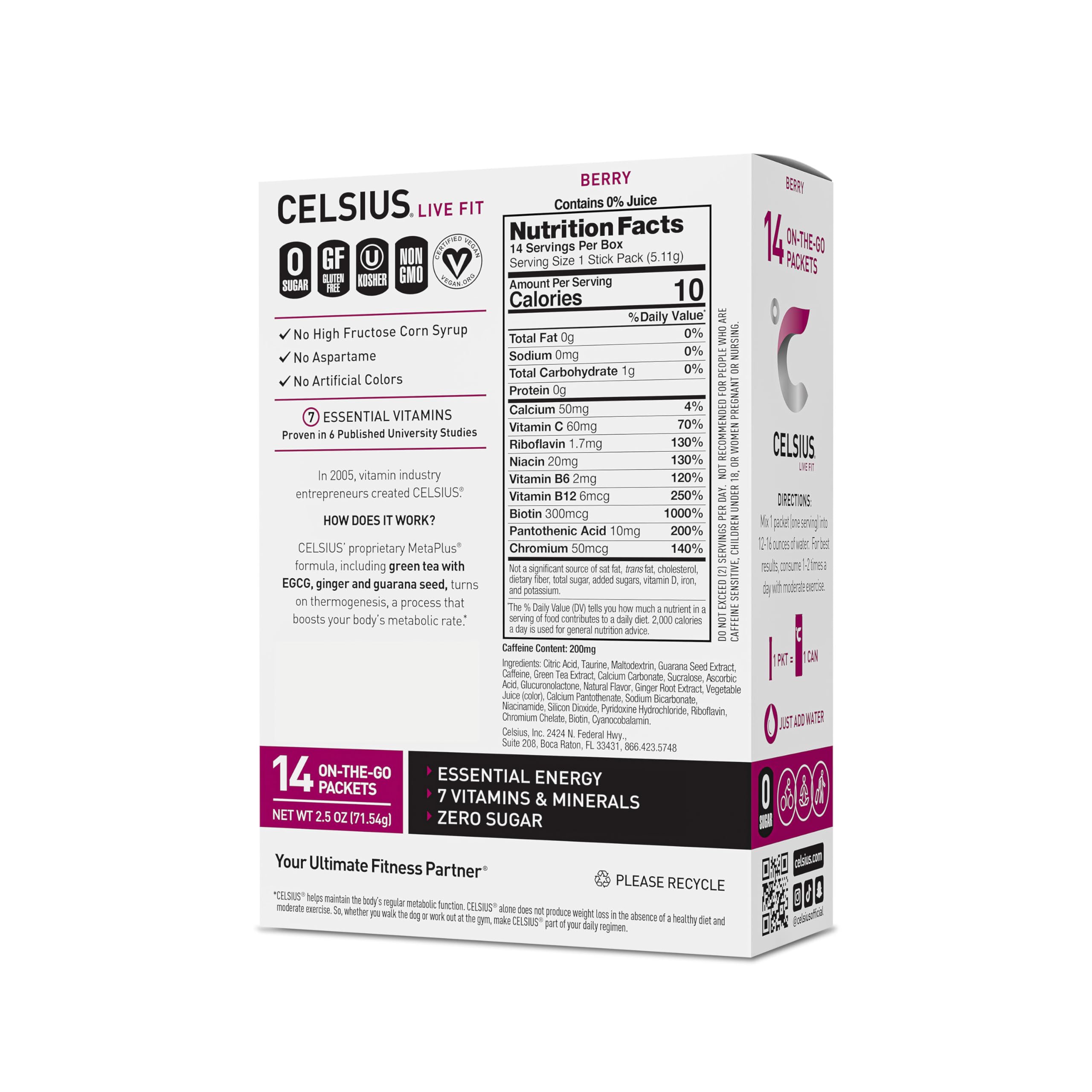 CELSIUS On-the-Go Powder Stick Packs, Zero Sugar (14 Sticks per Pack), Berry, 2.5 Ounce