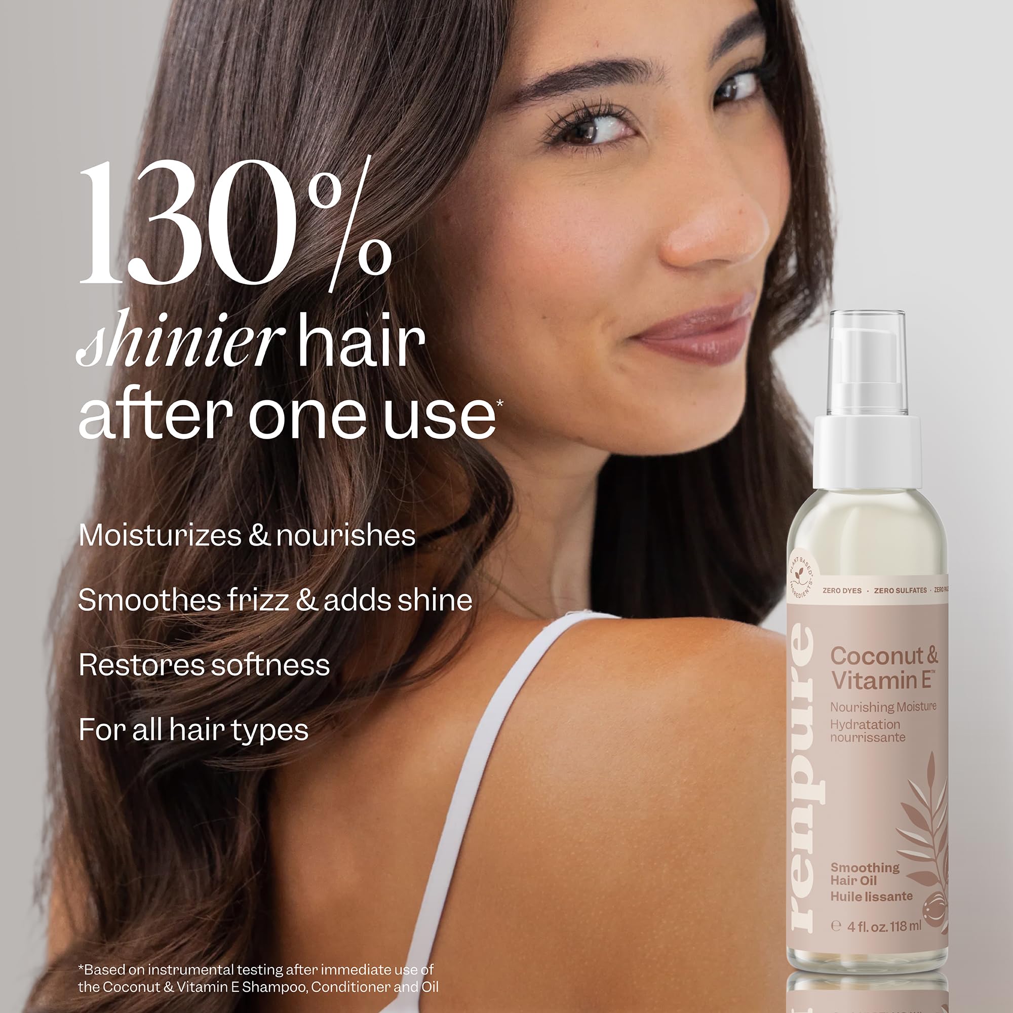 Renpure Coconut & Vitamin E Nourishing Moisture Hair Oil – Smooths Frizz, Adds Shine & Softness – Lightweight, Silicone-Free, Plant-Based Formula – For Dry, Brittleness & Flyaways – 4 Fl Oz