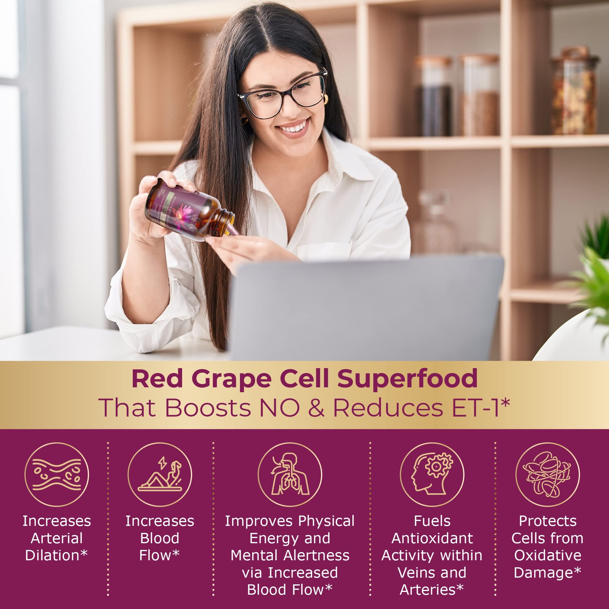 VINIA 12-Hour Sustained Release Piceid Resveratrol Supplement. Nitric Oxide Supplement