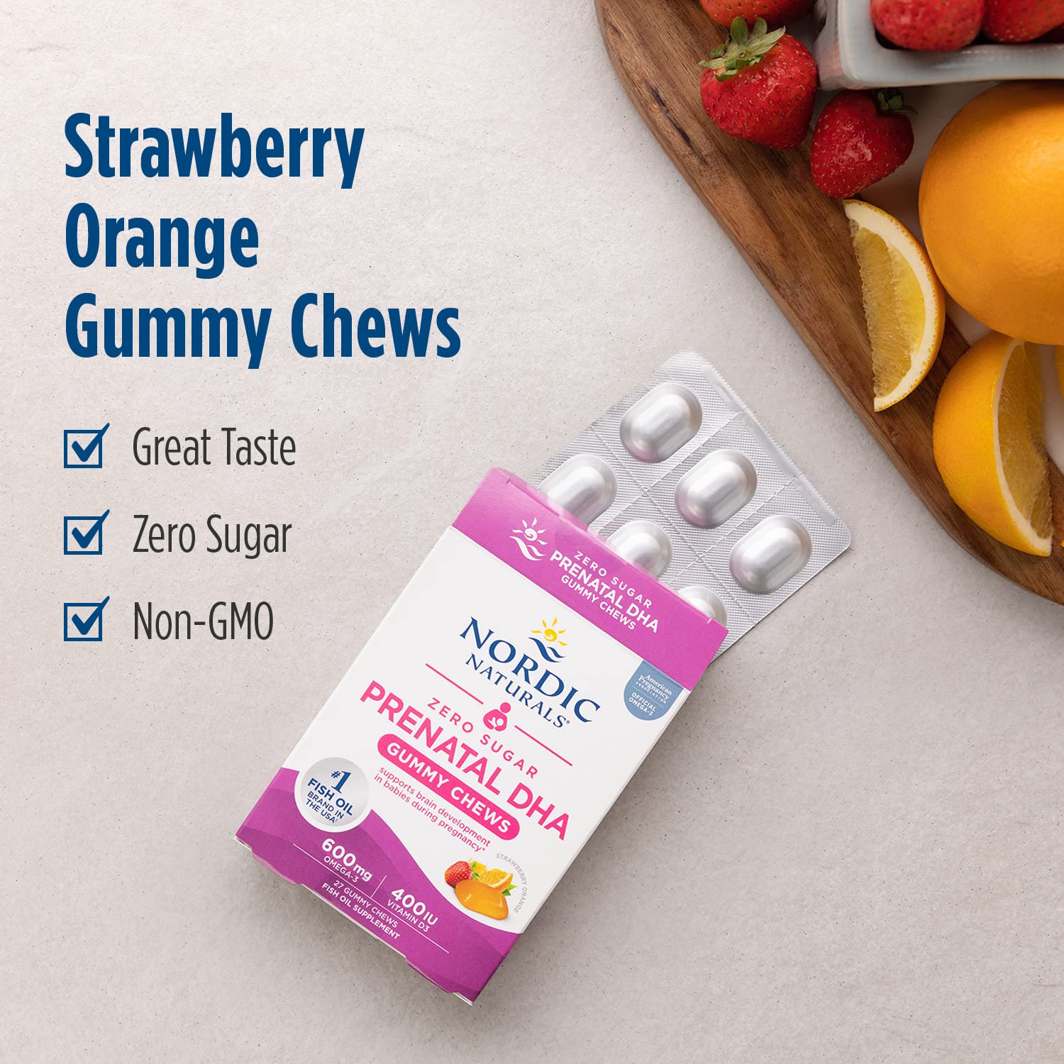 Nordic Naturals Zero Sugar DHA Prenatal Vitamin Gummies, Strawberry Orange Flavor - 27 Gummies