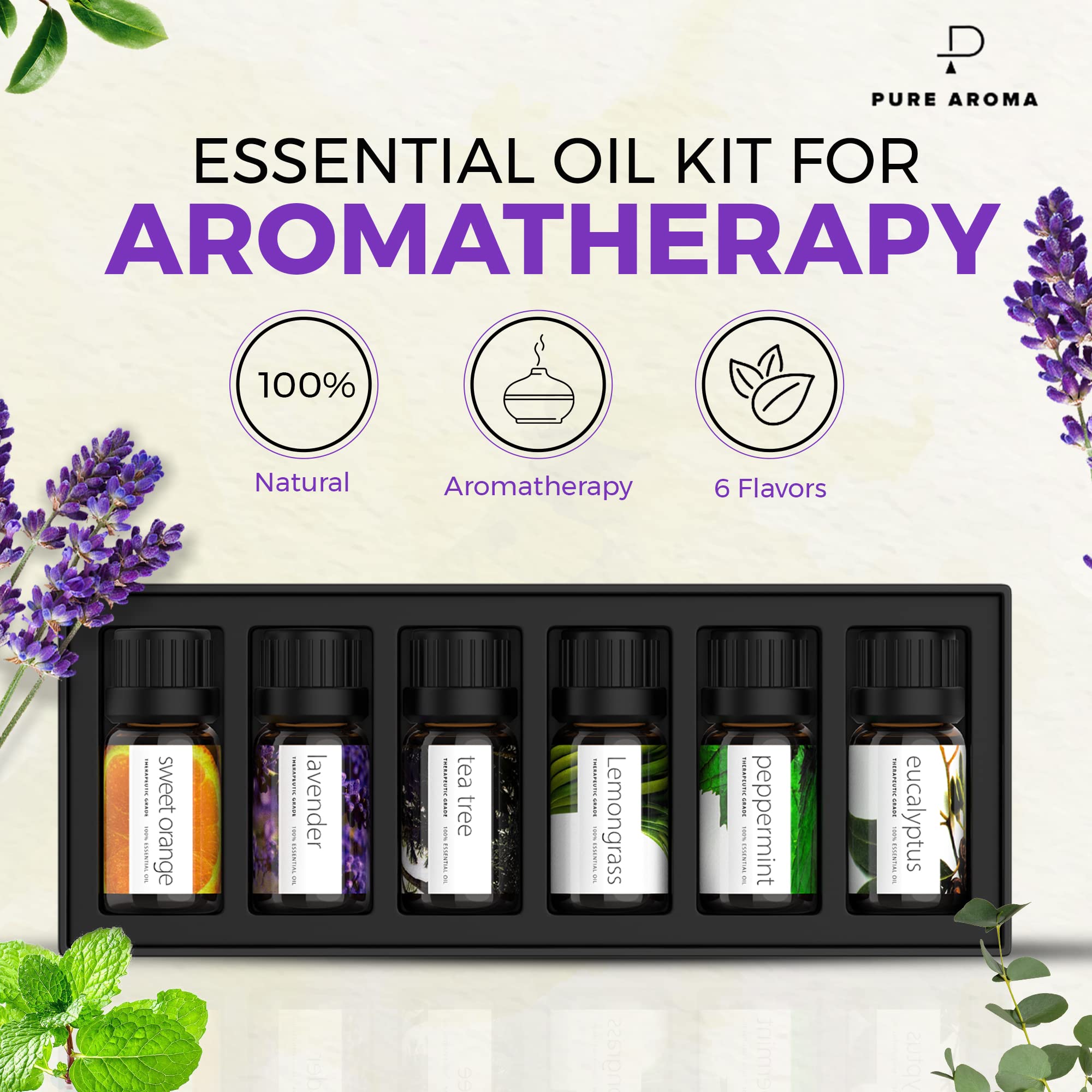 Essential Oils by PURE AROMA 100% Pure Oils kit- Top 6 Aromatherapy Oils Gift Set-6 Pack, 10ML