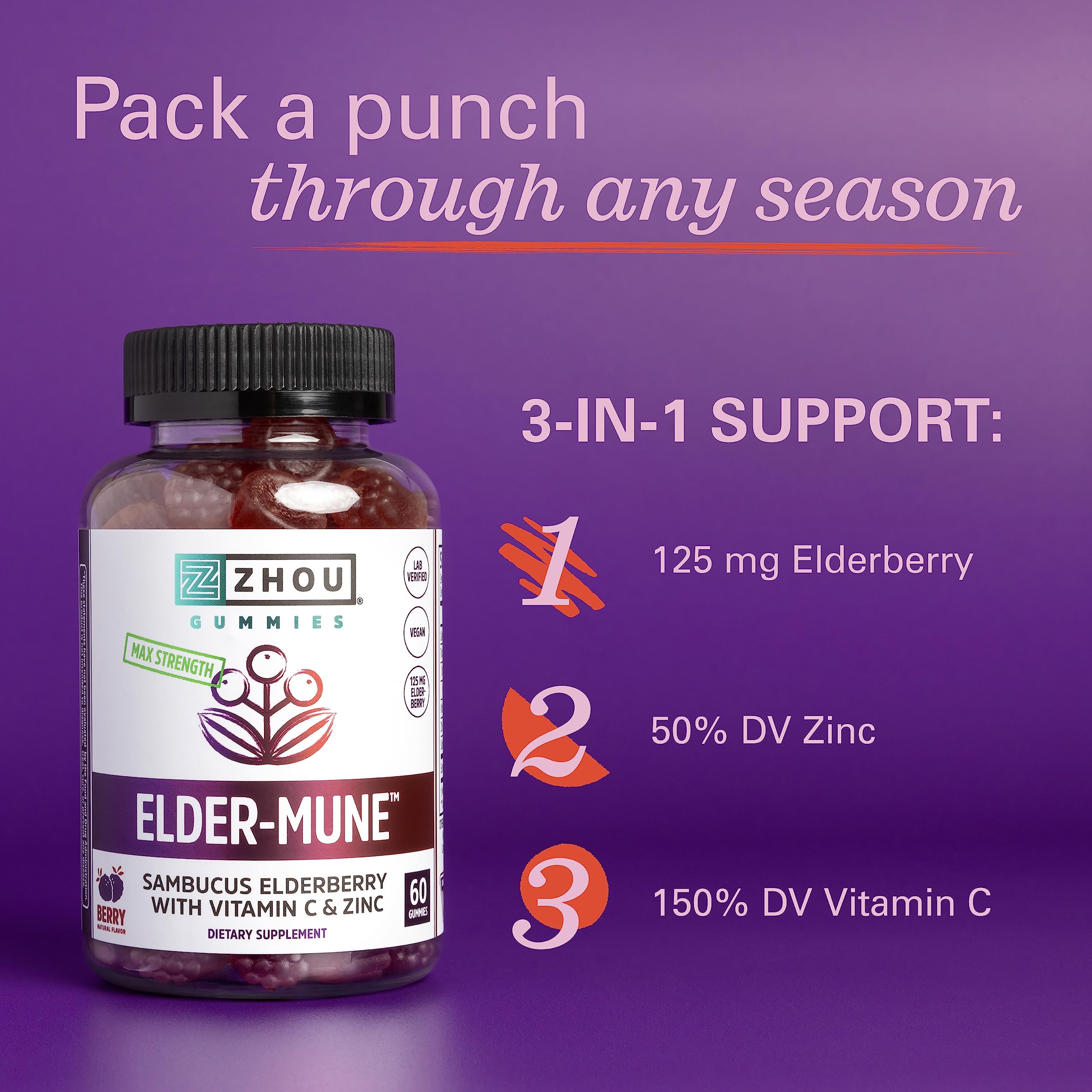 Zhou Nutrition Elder-Mune Sambucus Elderberry Gummies with Zinc and Vitamin C & vH