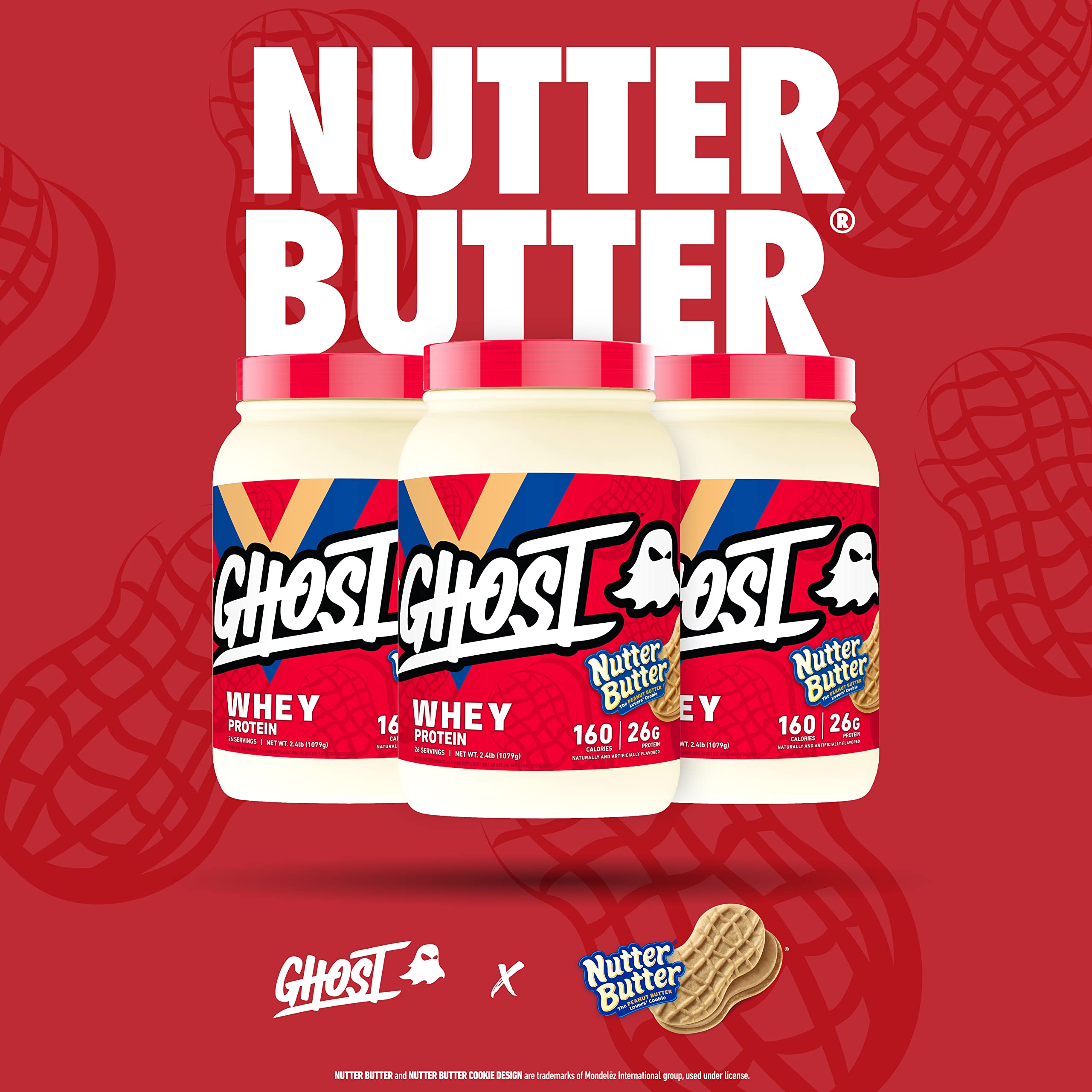 GHOST Whey Protein Powder, Nutter Butter - 2LB Tub, 26G of Protein - Peanut Butter
