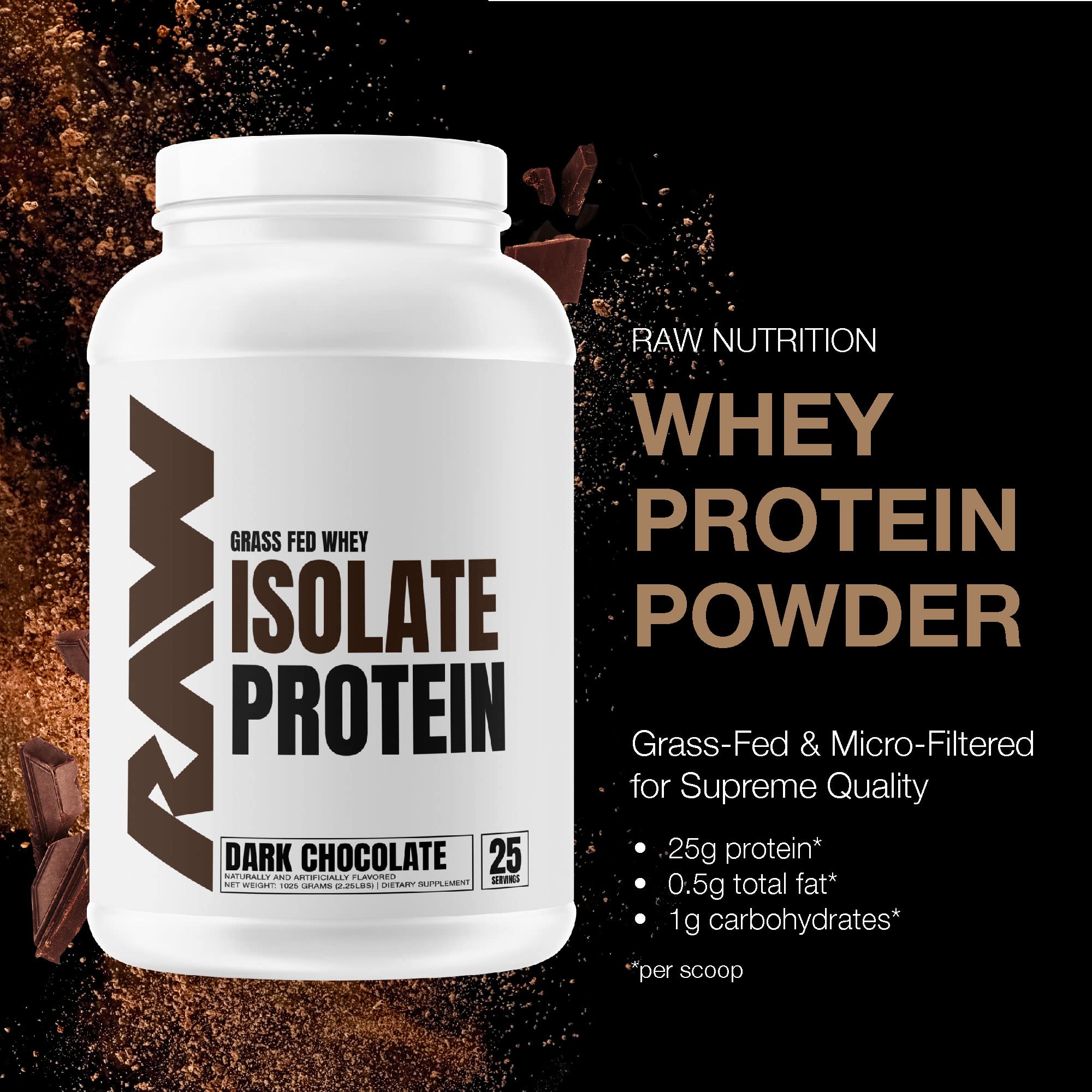 RAW Whey Isolate Protein Powder, Dark Chocolate - 100% Grass-Fed Sports Nutrition