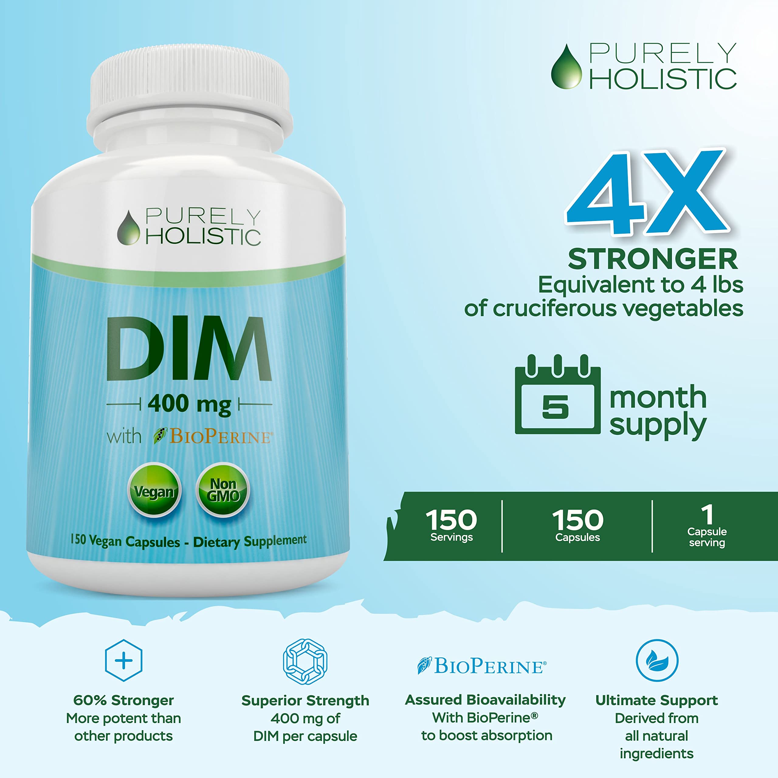 DIM Supplement 400mg Plus Bioperine - 150 Vegan Capsules - 5 Month Supply - Hormone Balance