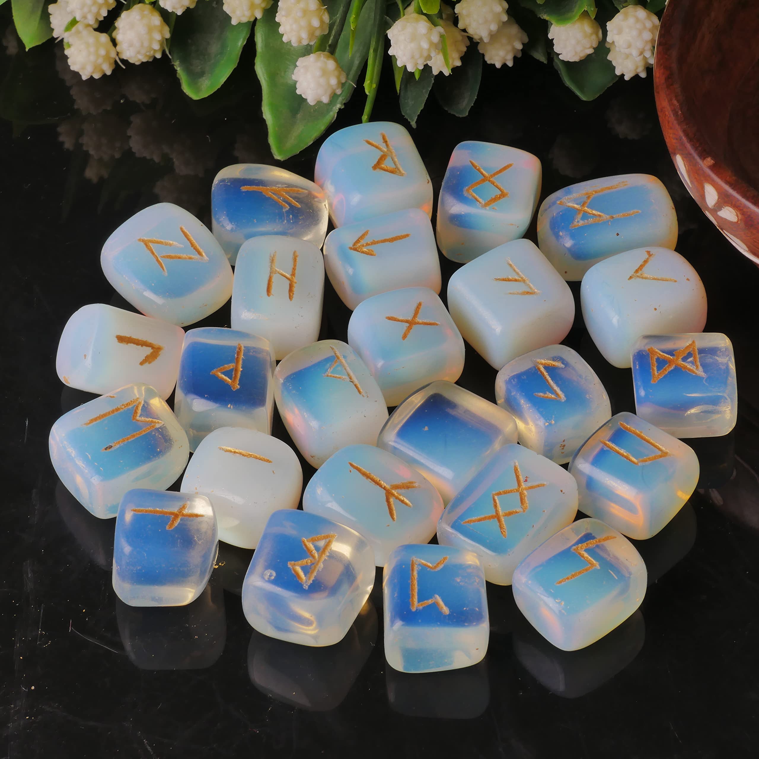 Opalite Rune Stone - Rune Set - Engraved Elder Futhark Alphabet Symbols - Witchcraft Crystals