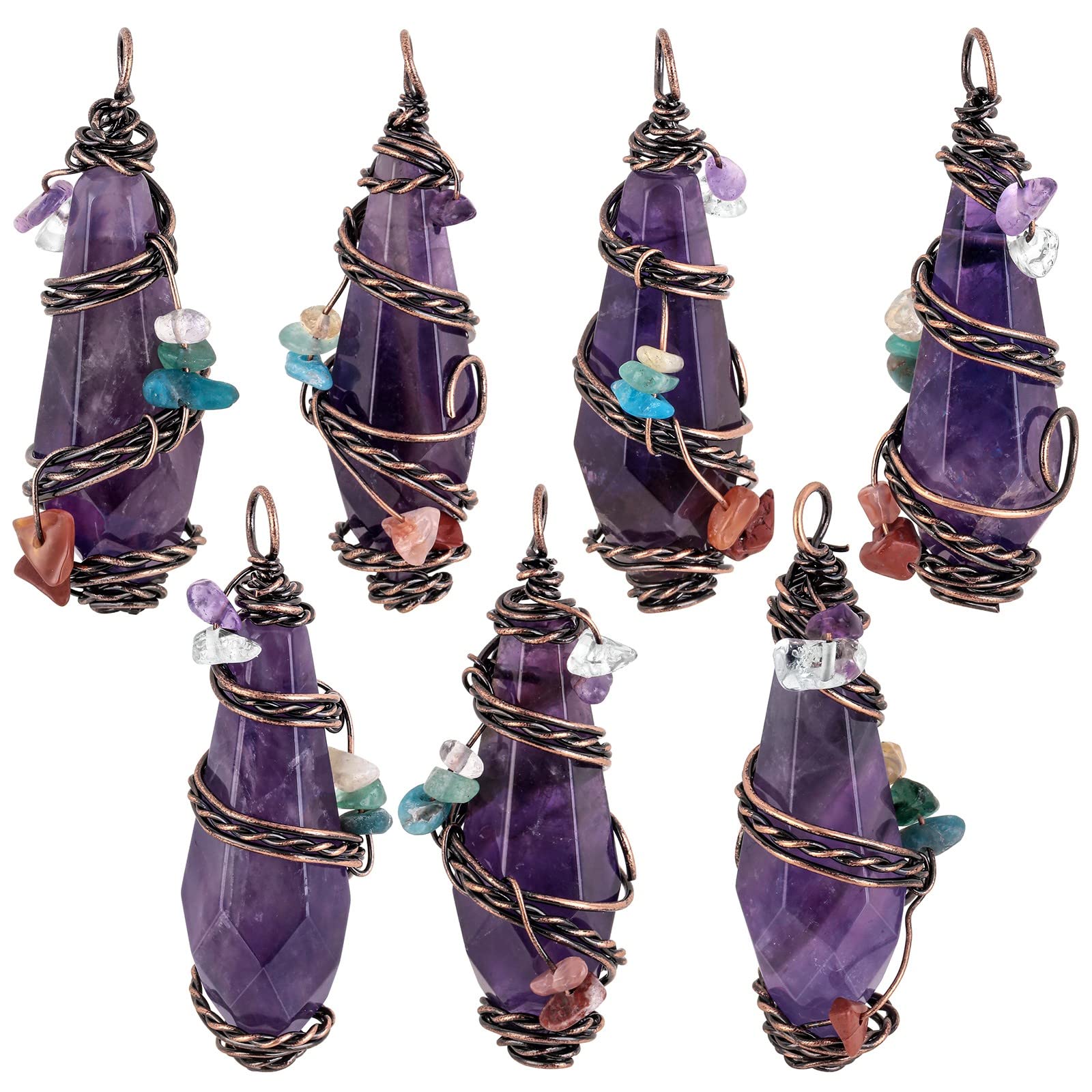 Nupuyai Wire Wrapped 7 Chakra Crystal Stone Pendant Necklace for Women Men, Handmade Faceted