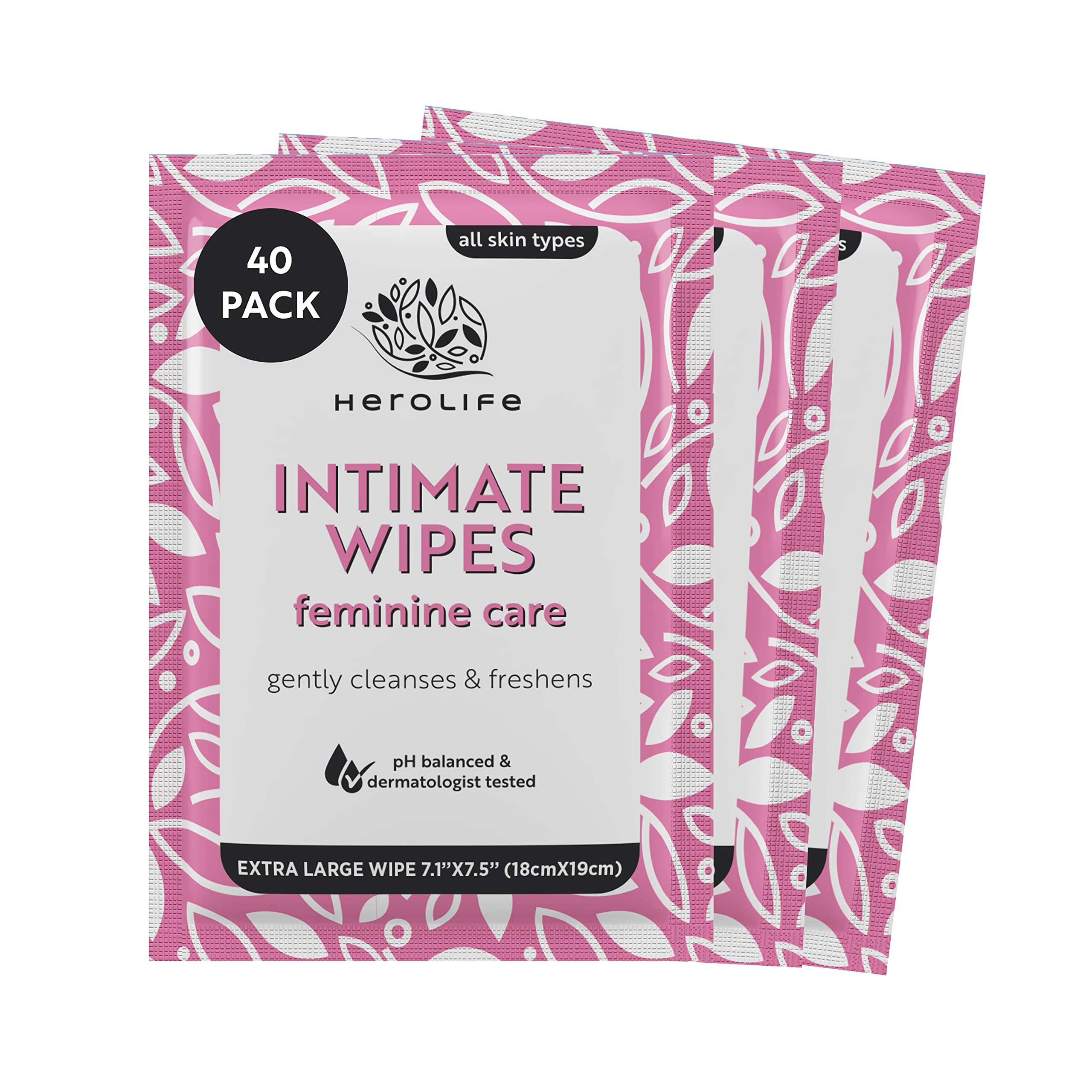 HEROLIFE Personal Wipes for Feminine Care, Single Use To Go, Plant-Based, 1 pack of 40 Single