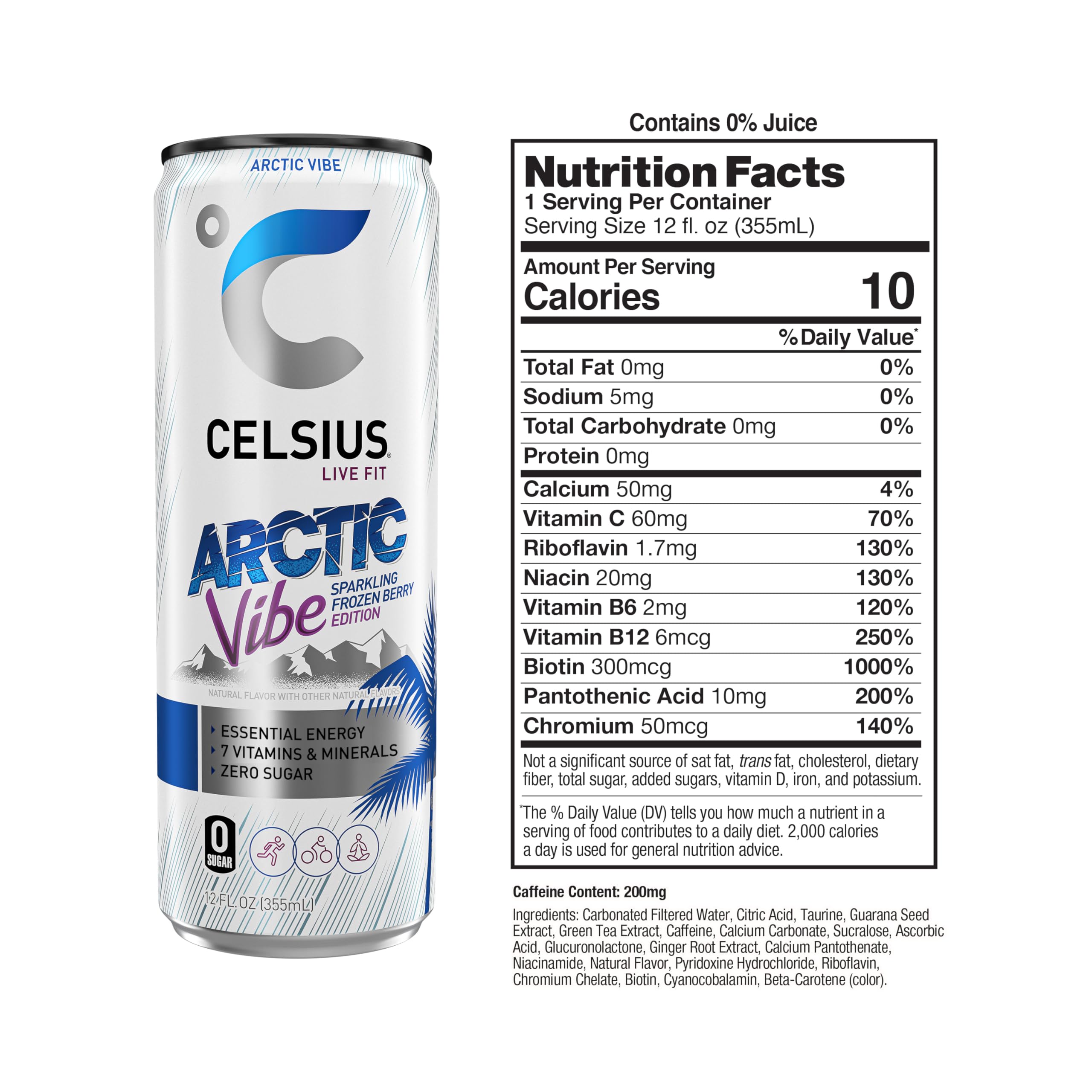 CELSIUS Arctic Vibe Sparkling Frozen Berry, Functional Essential Energy Drink, 12 Fl Oz