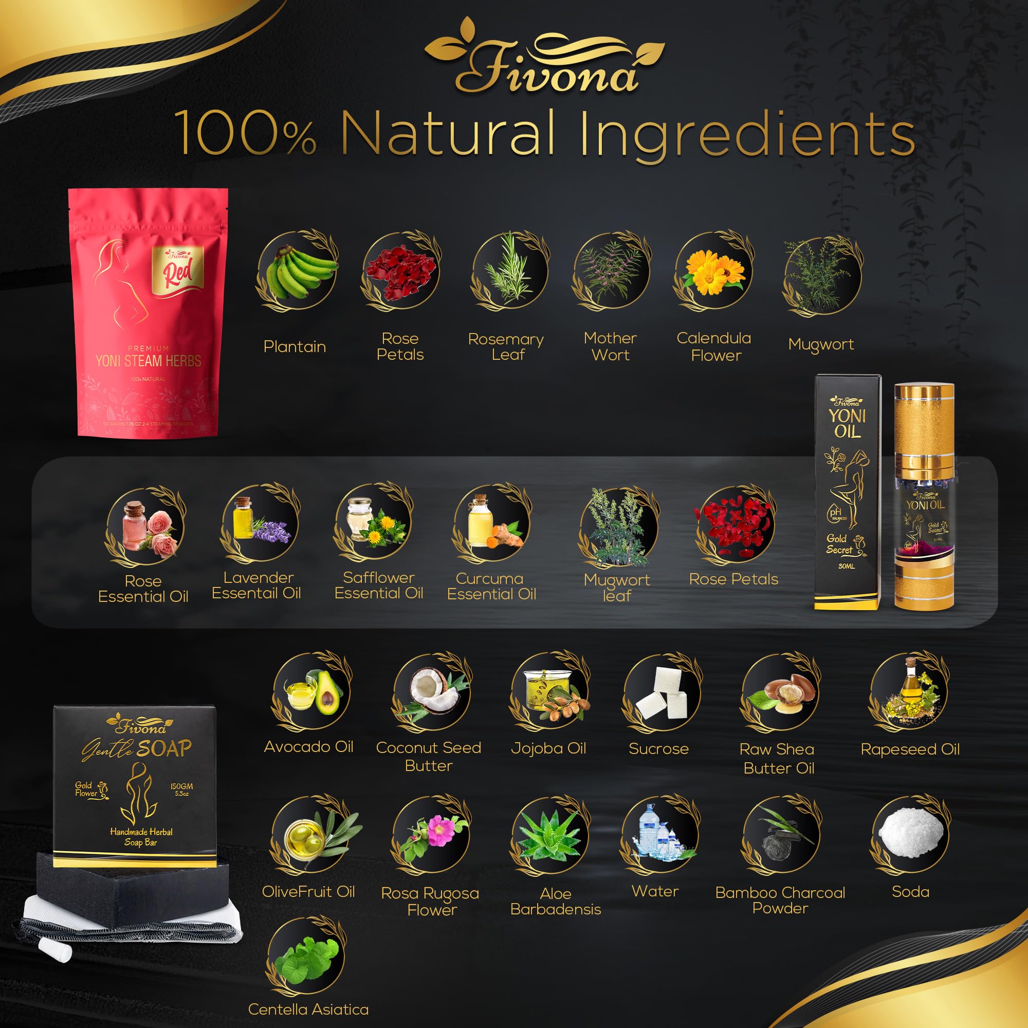 Fivona 4-in-1 Feminine Care Kit, Yoni Oil, Yoni Soap, Yoni Steaming Pot and Red Premium V Steam Herbs