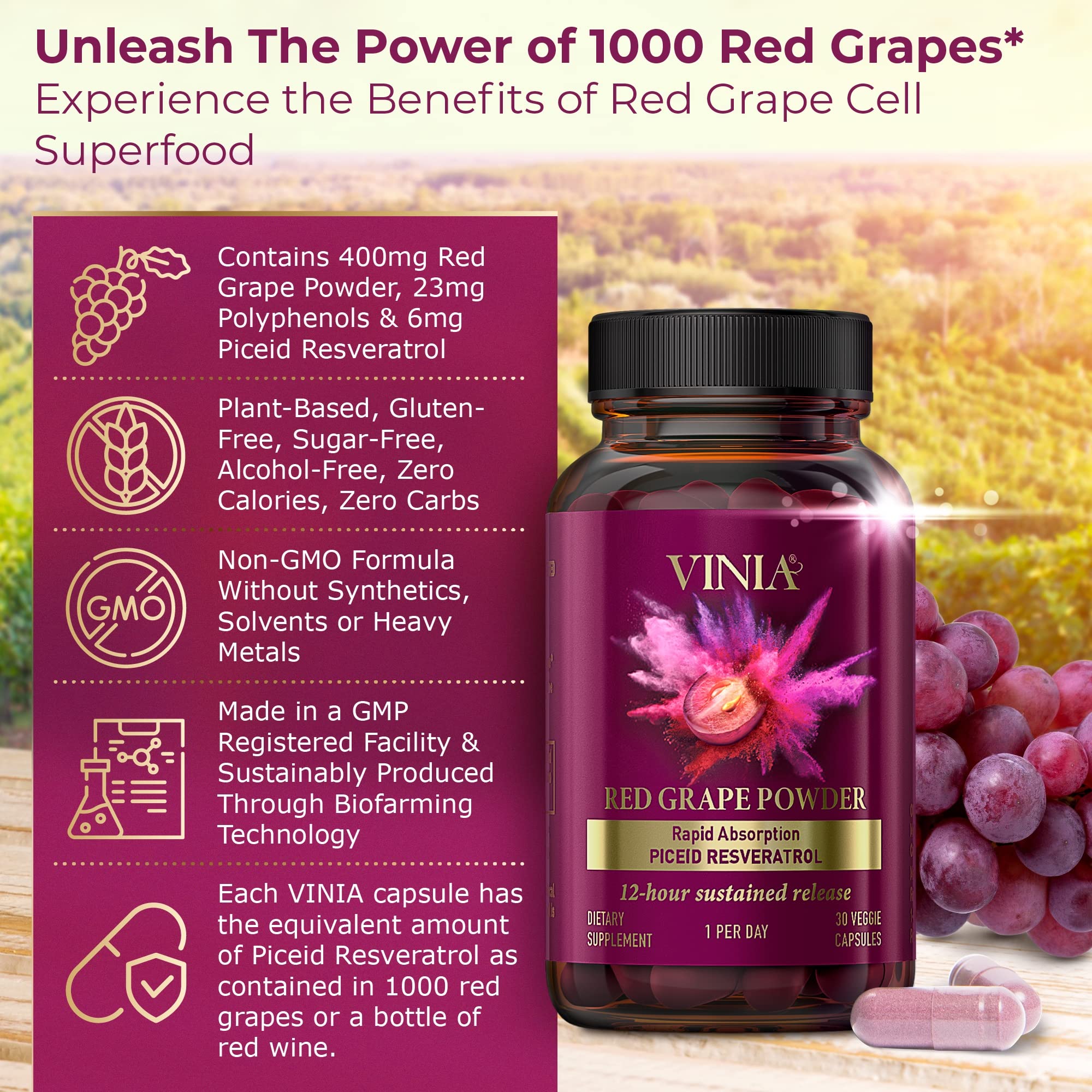 VINIA 12-Hour Sustained Release Piceid Resveratrol Supplement. Nitric Oxide Supplement