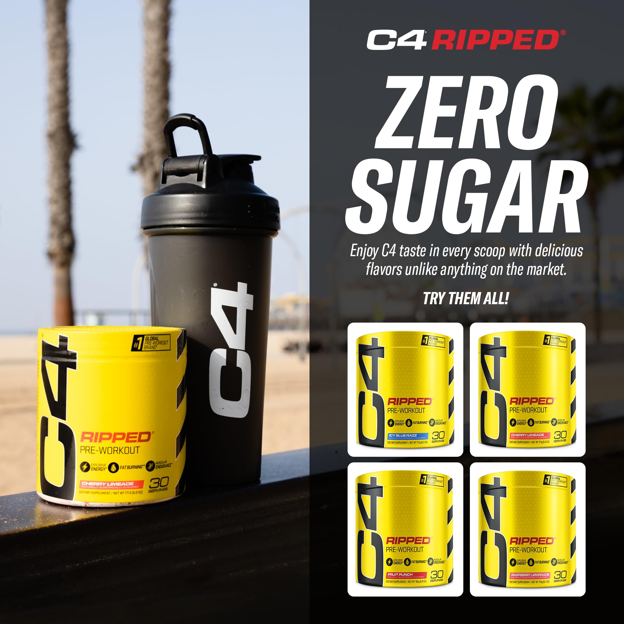 Cellucor C4 Ripped Pre Workout Powder Raspberry Lemonade | Creatine Free + Sugar Free