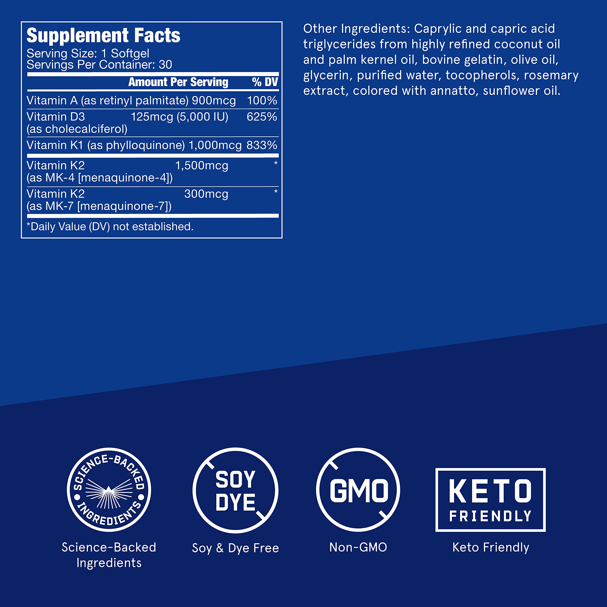 Vitamins A-D-K, 30 Softgels, 900mcg Vitamin A, with 5000 IU D3, K1, K2, K3, High Potency