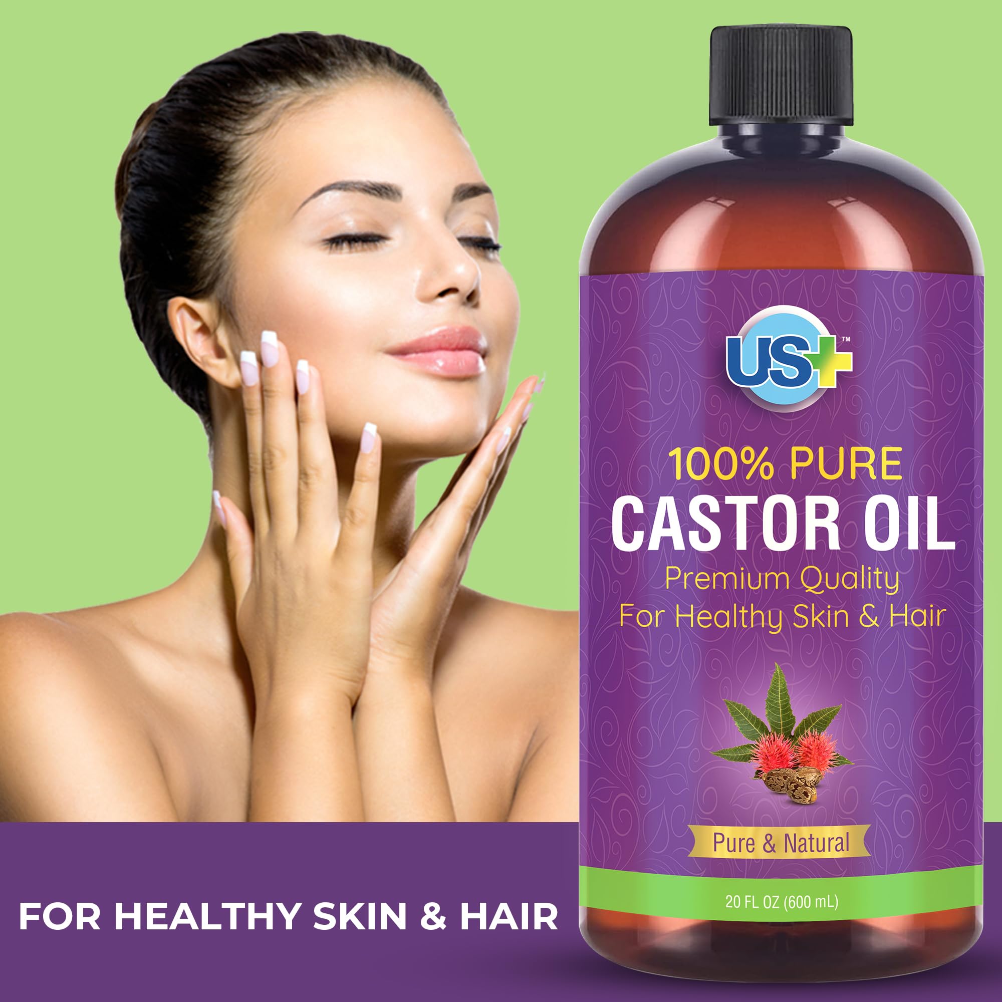 Us+ 20oz 100% Pure Castor Oil - Cold-pressed, Unrefined, Hexane-free - USP Grade - Premium Quality