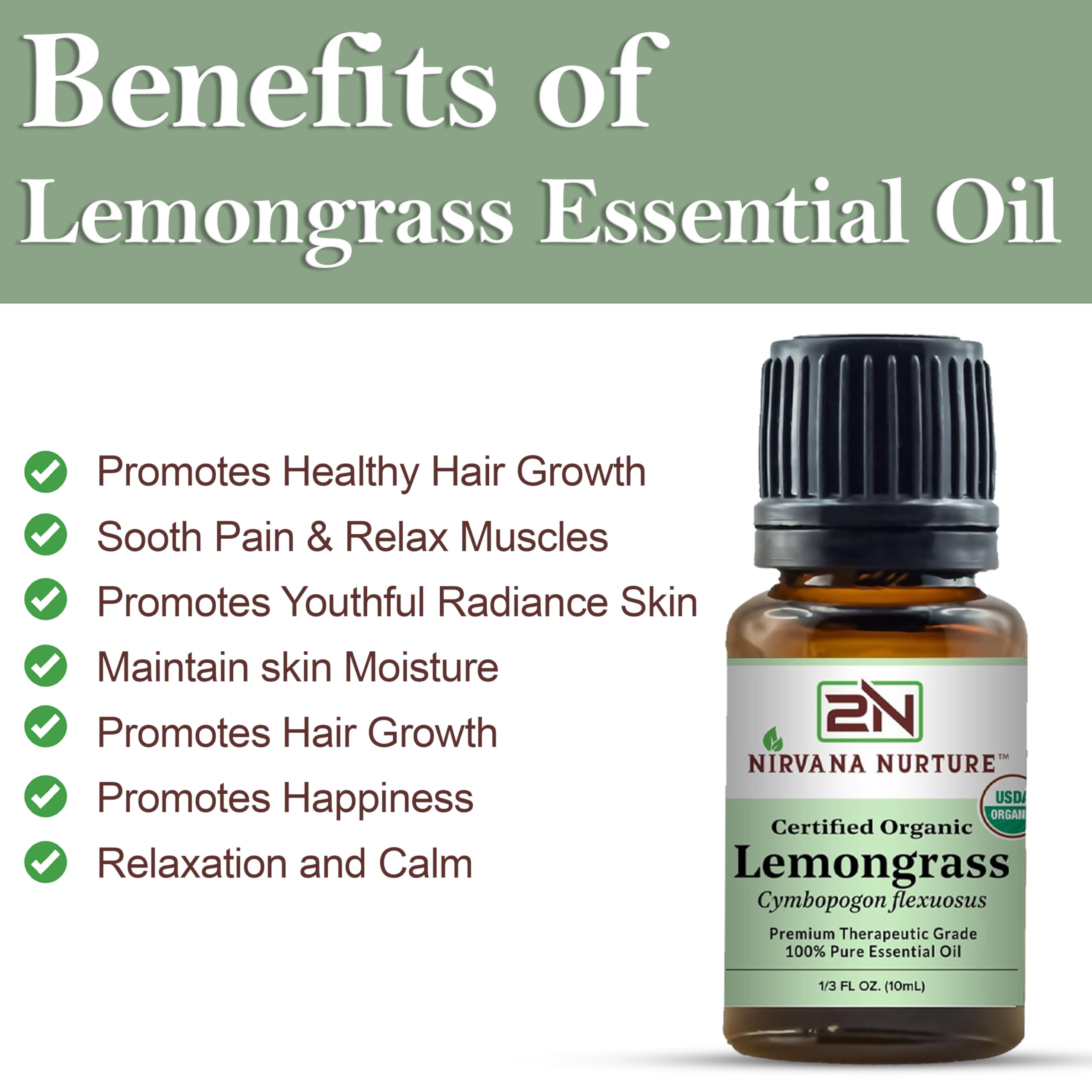 Nirvana Nurture Lemongrass Essential Oil USDA Certified Organic 100% Pure Premium Therapeutic Grade