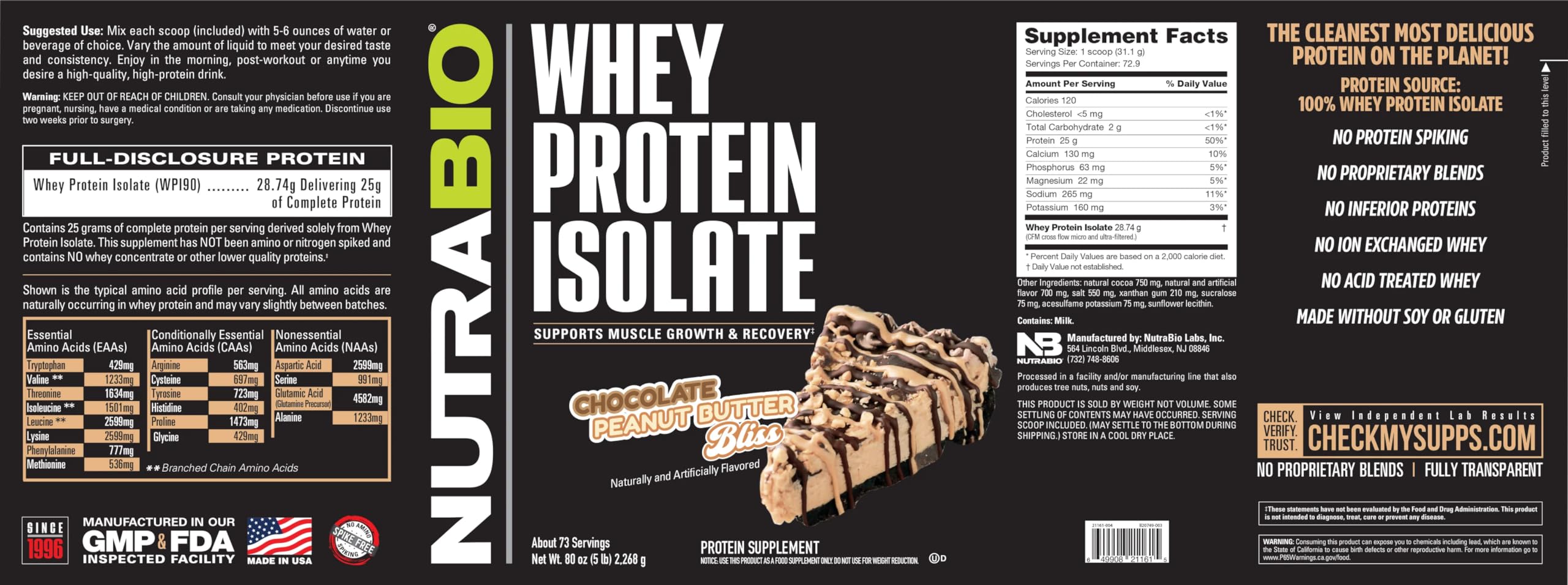 NutraBio Whey Protein Isolate Supplement – 25g of Protein Per Scoop with Complete