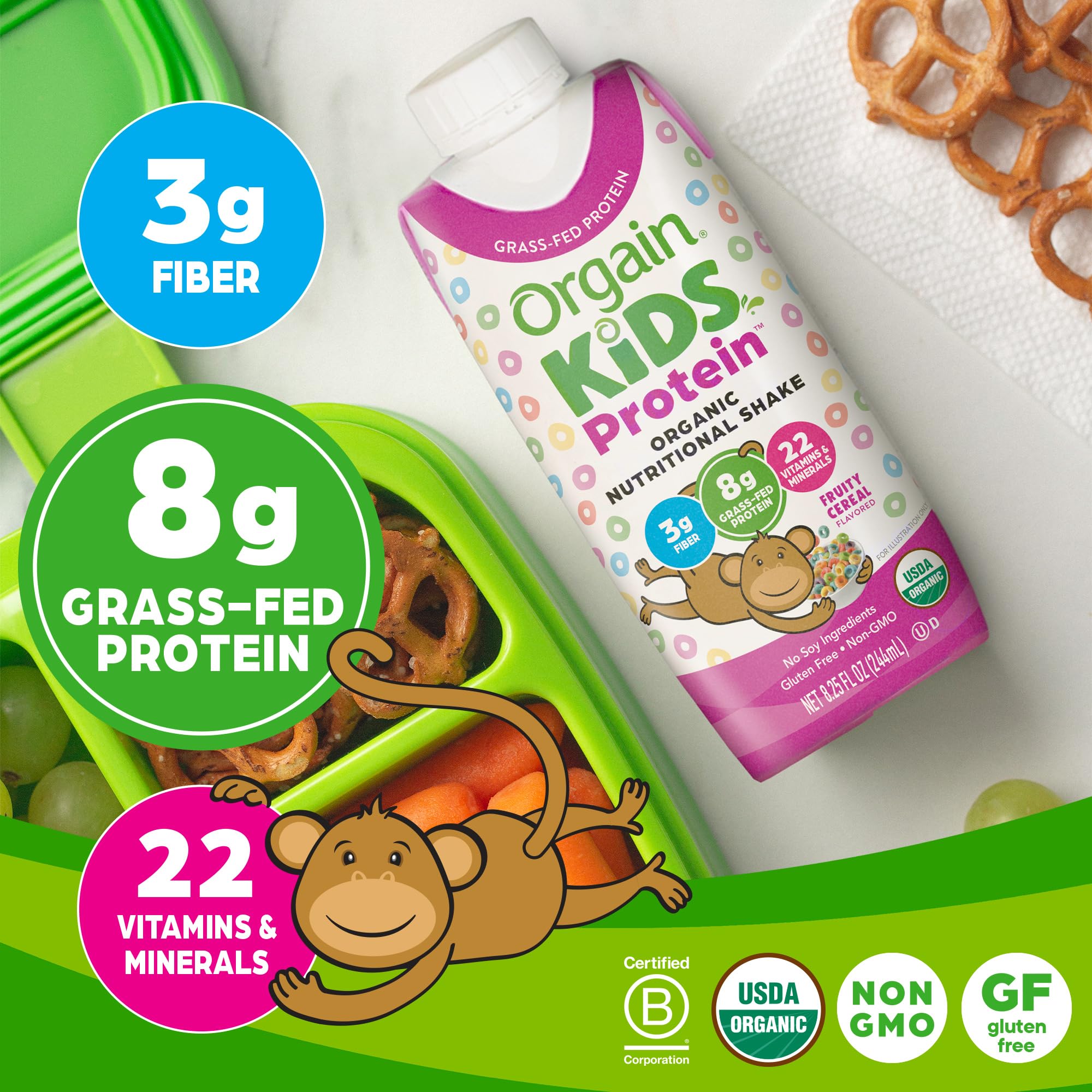 Orgain Organic Kids Nutritional Protein Shake, Fruity Cereal - Kids Snacks with 8g Dairy
