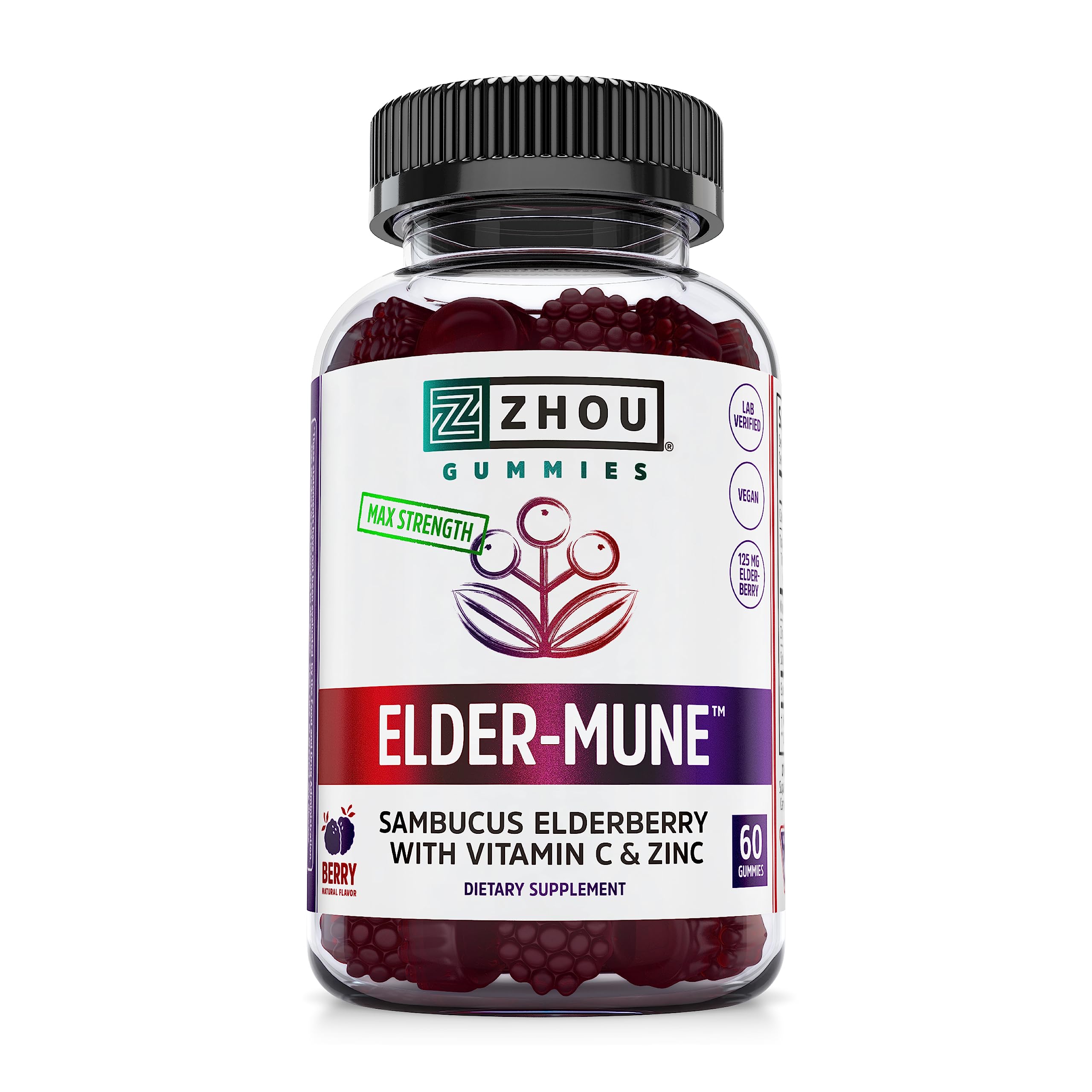 Zhou Nutrition Elder-Mune Sambucus Elderberry Gummies with Zinc and Vitamin C & vH