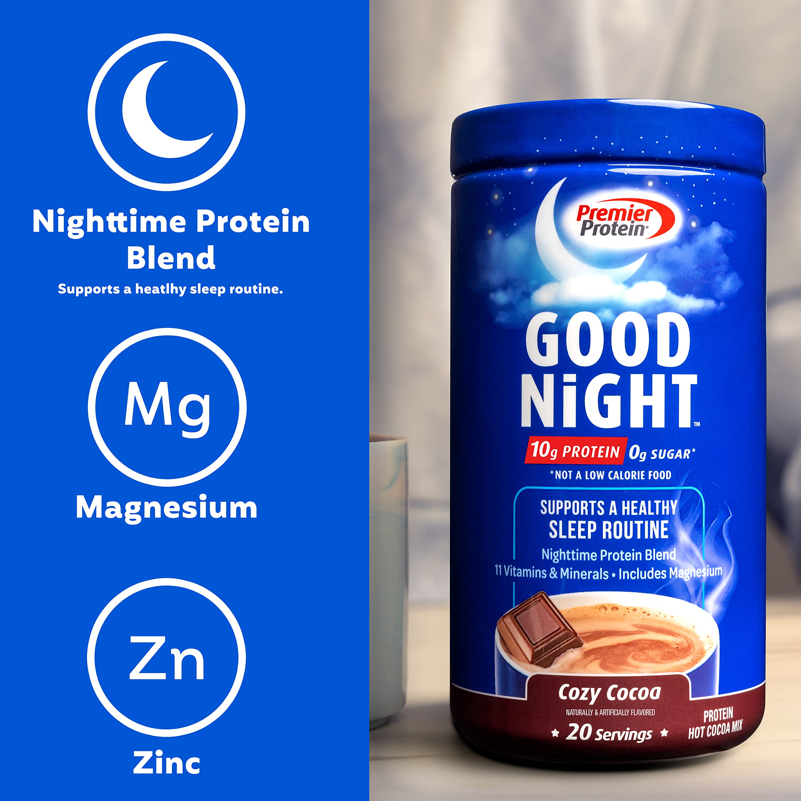 Premier Protein Good Night Protein Powder, Hot Cocoa Mix, 10g Protein, 0g Sugar