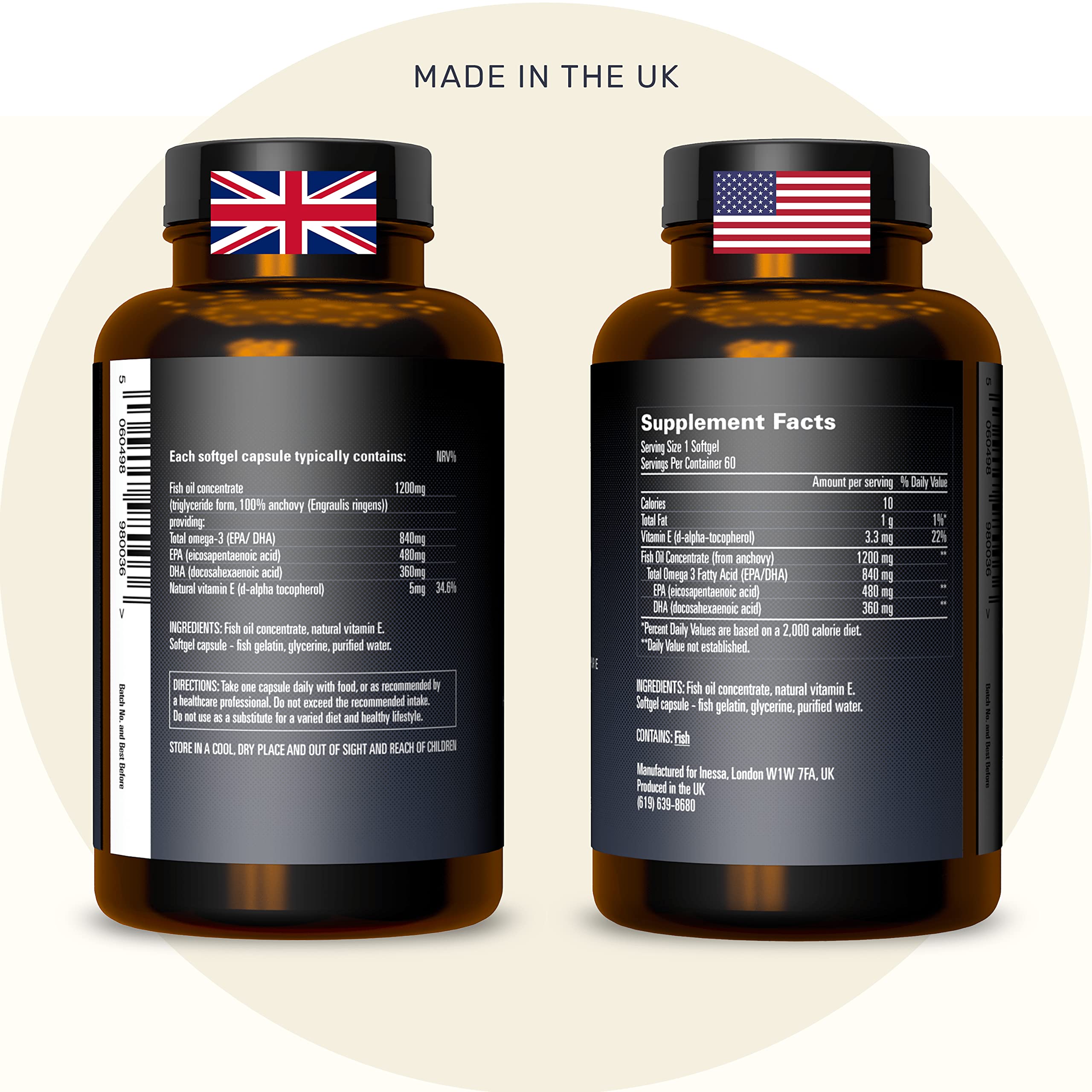 Omega 3 Fish Oil 1200mg (480mg EPA/360mg DHA per capsule) High Strength, Ultra Pure