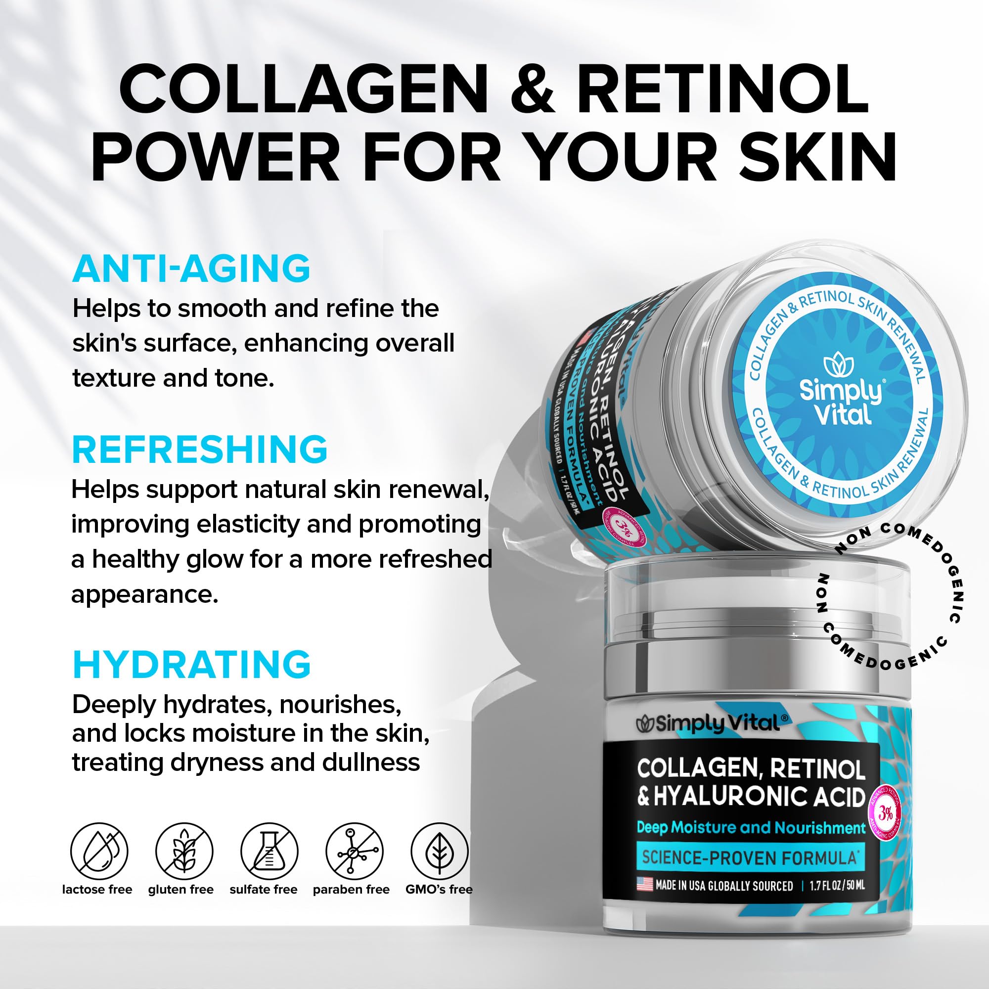SimplyVital Collagen, Retinol & Hyaluronic Acid Cream – Moisturizing Face Cream for Smooth and Radiant Skin, 1.7 fl oz