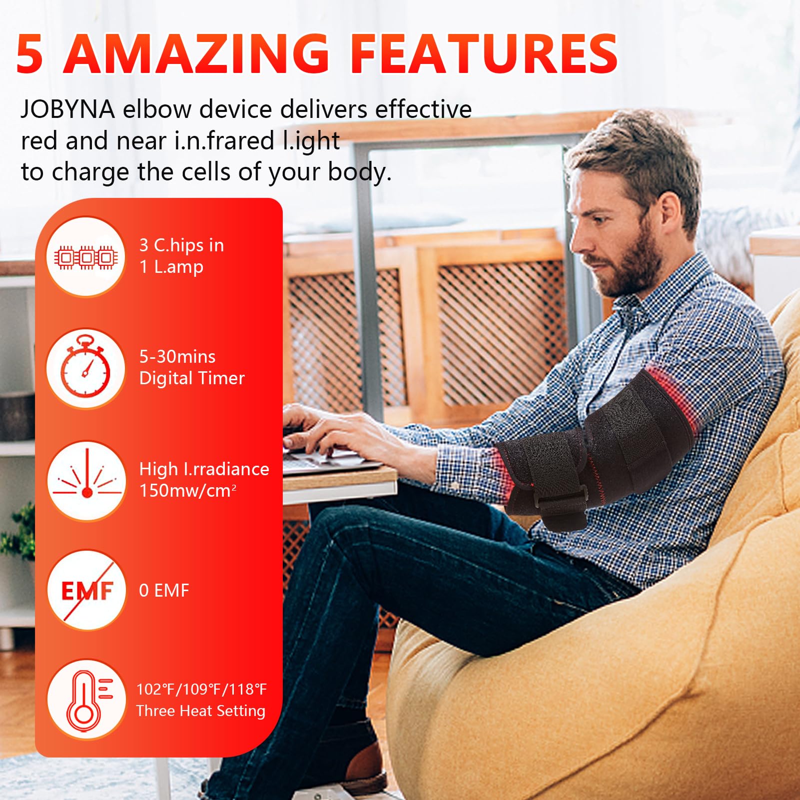 JOBYNA Red and I.nfrared L.ight T.herapy for Elbow Wrap, 850nm Near I.nfrared L.ight & 660nm