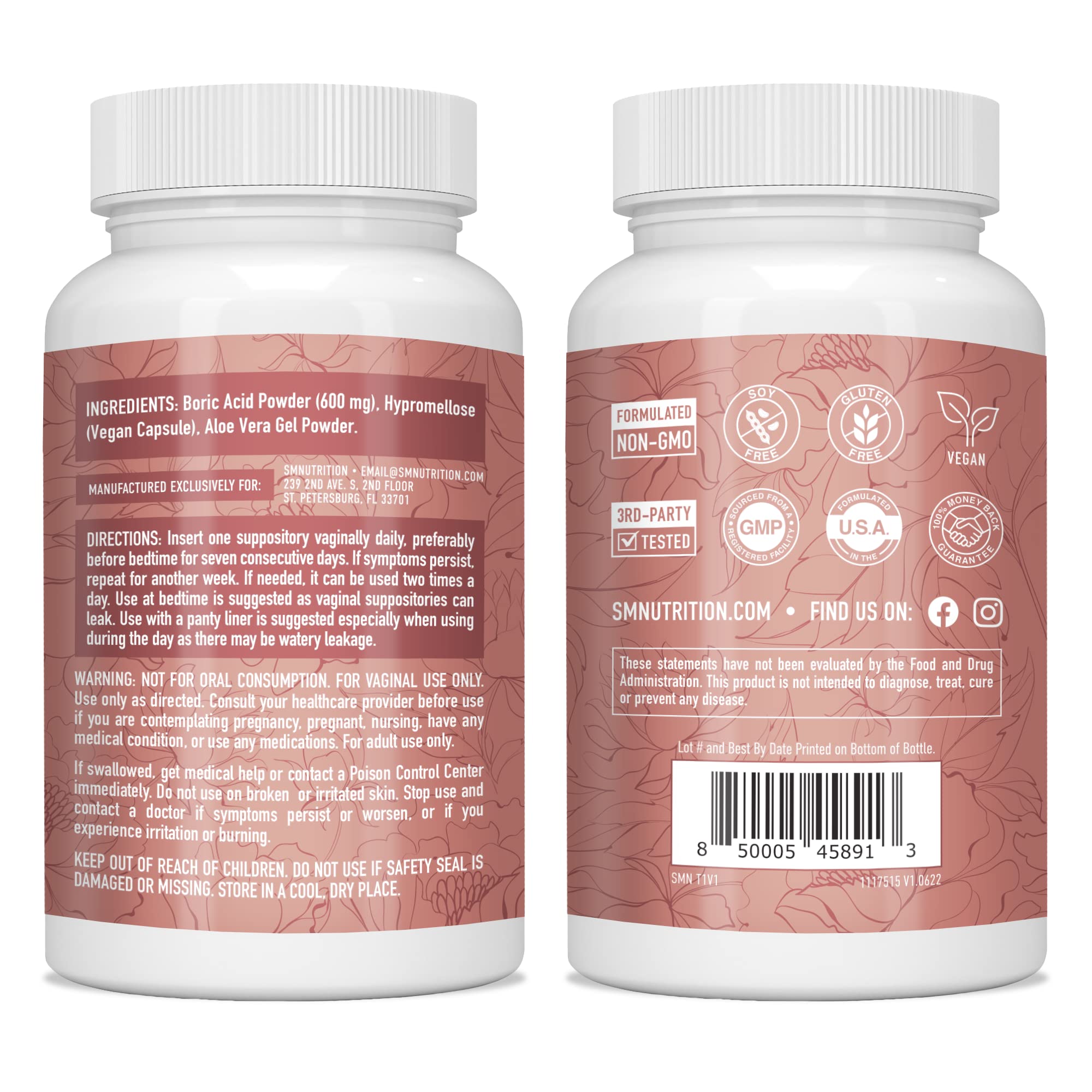 Boric Acid Suppositories for Women | 600mg | for pH Balance, Vaginal Odor & Itching | Feminine Intimate Health