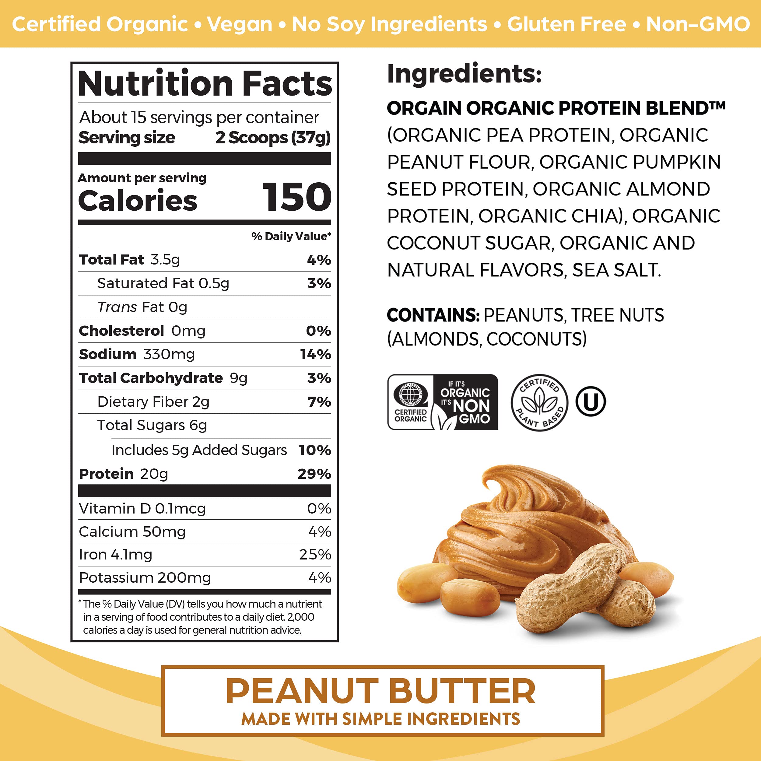 Orgain Organic Simple Vegan Protein Powder, Peanut Butter - 20g Plant Based Protein