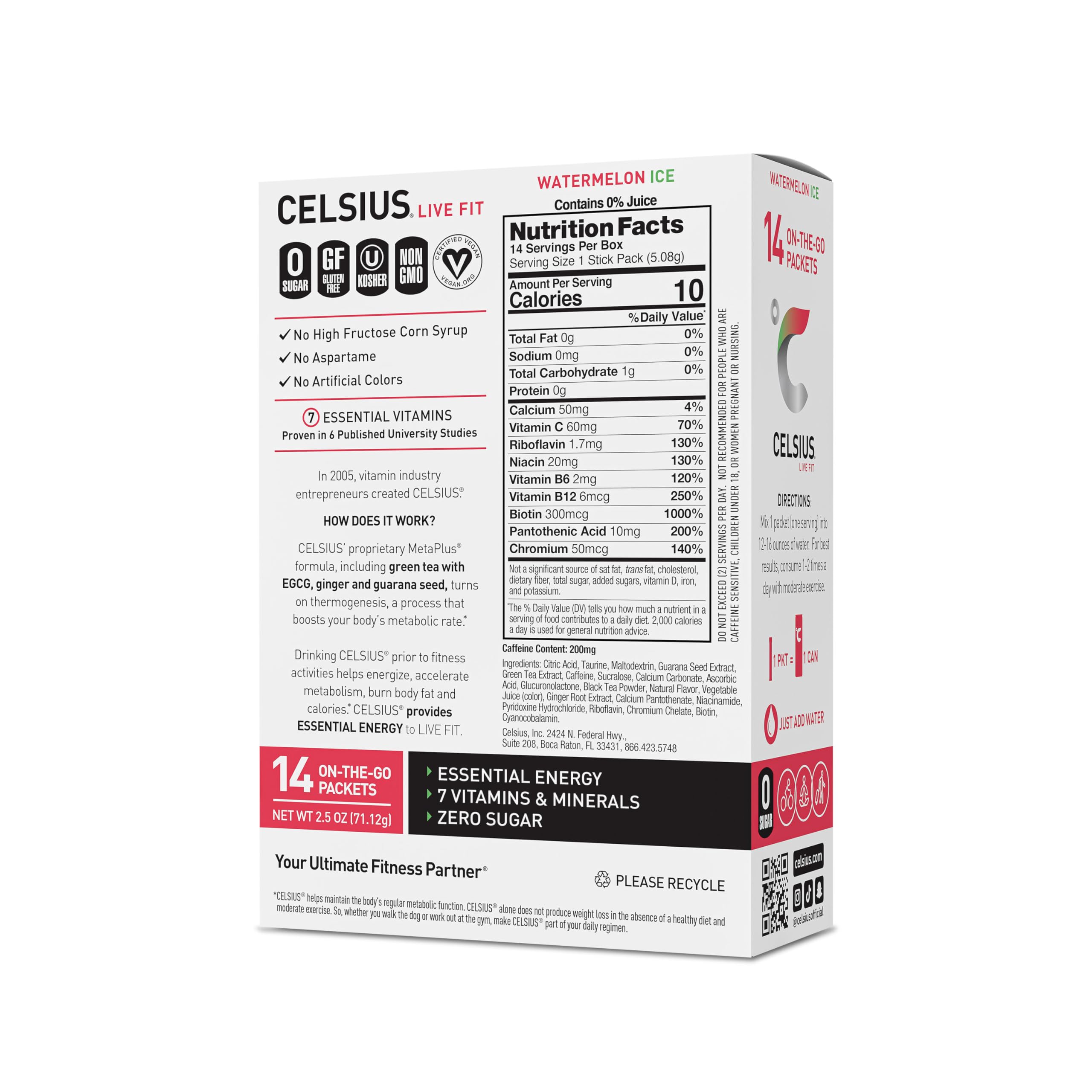 CELSIUS On-the-Go Powder Sticks Watermelon Ice, Essential Energy (14 Sticks per Pack)