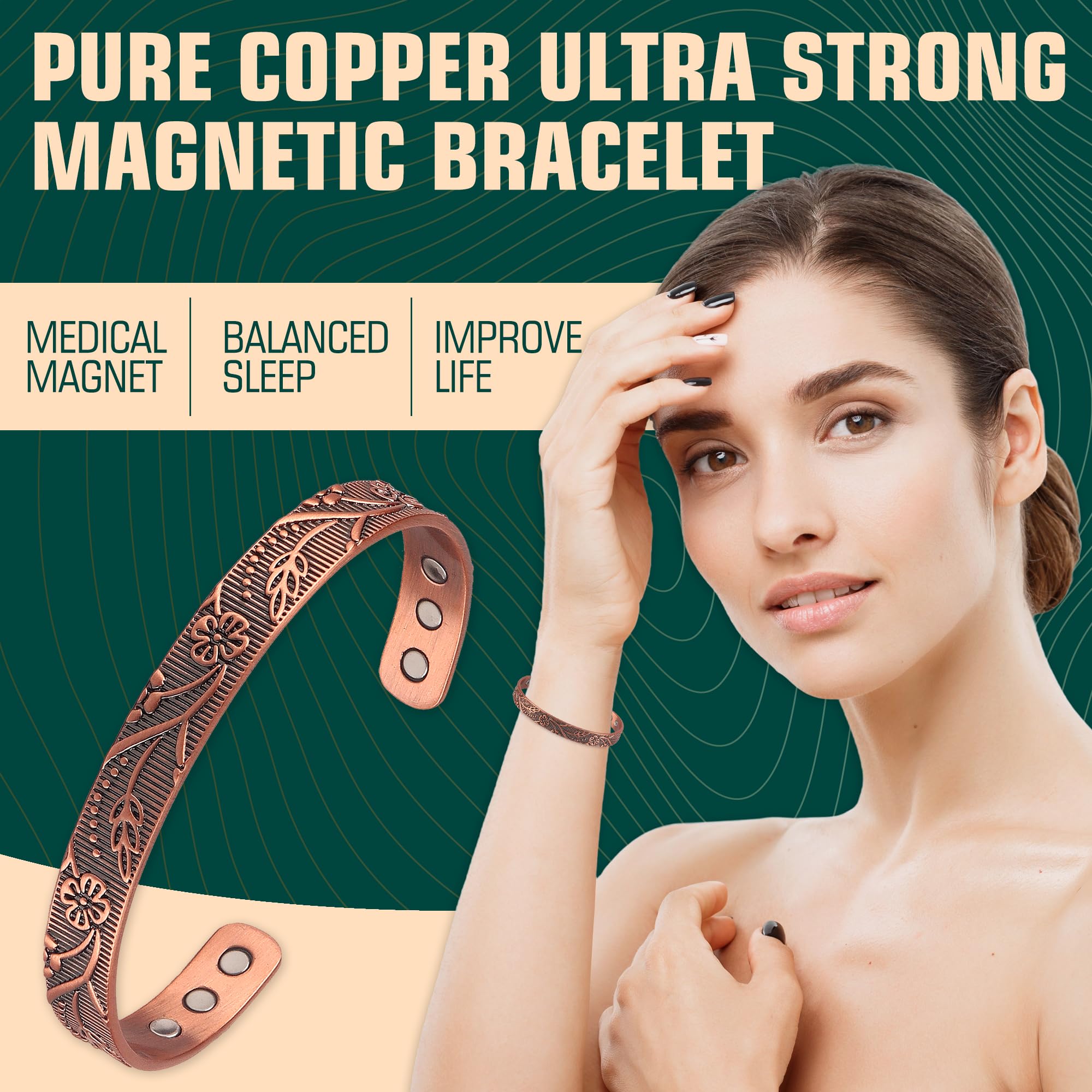 FASCIO Copper Bracelets and Copper Ring for Women Men,Adjustable Magnetic Lymphatic