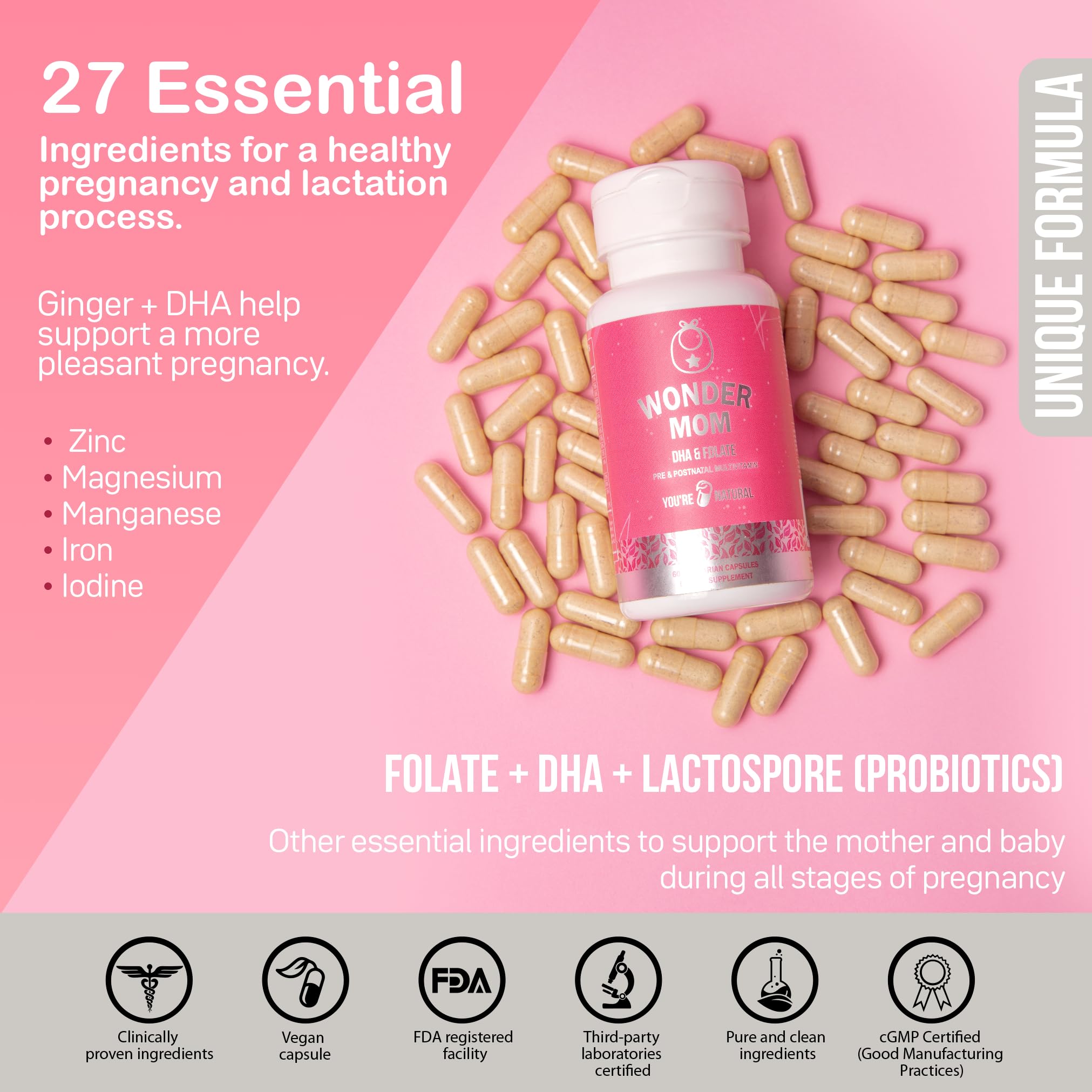 YOU'RE NATURAL Prenatal and Postnatal Vitamins for Women with Folate, DHA, Probiotics