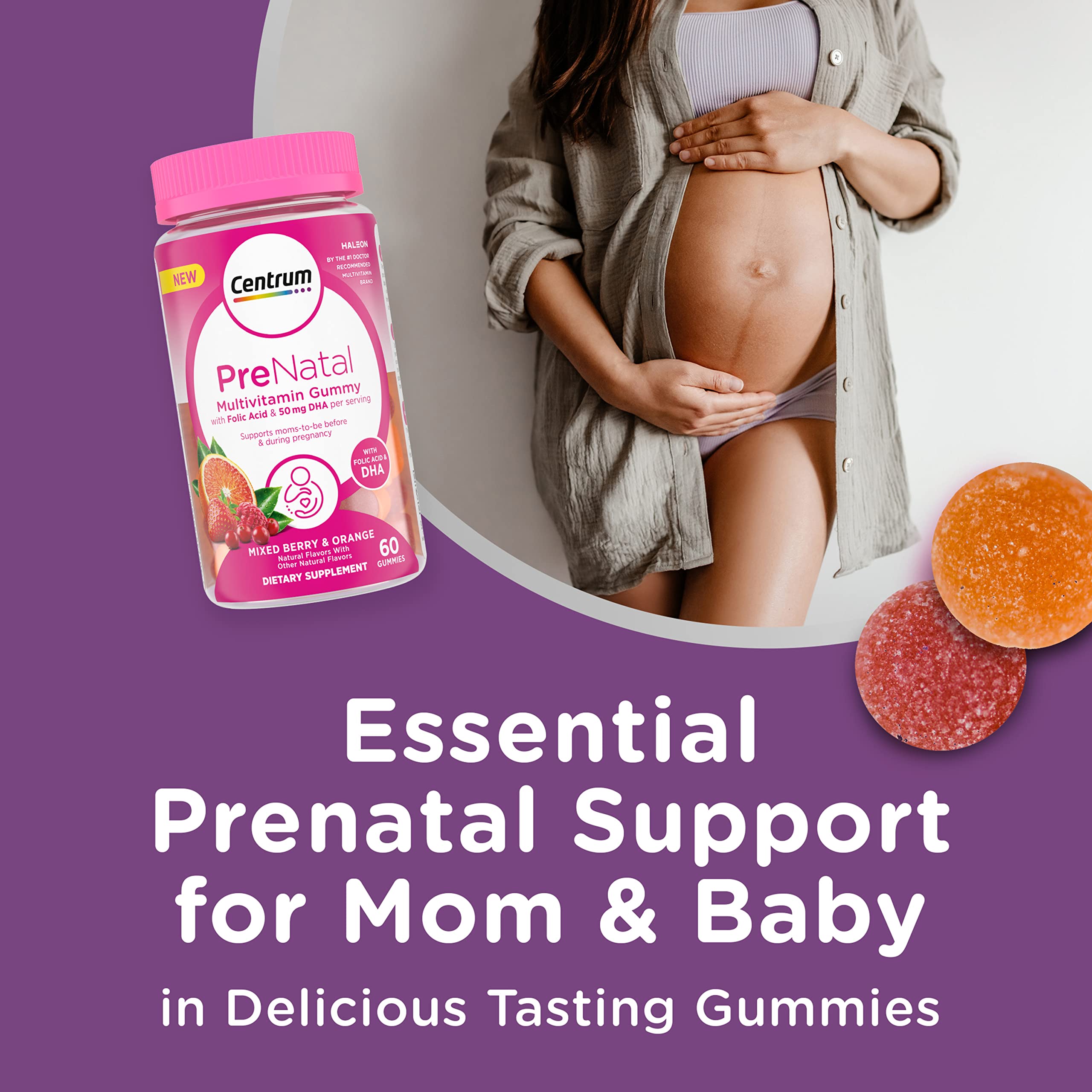 Centrum Prenatal Multivitamin Gummies with DHA and Folic Acid, Mixed Berry and Orange Flavors