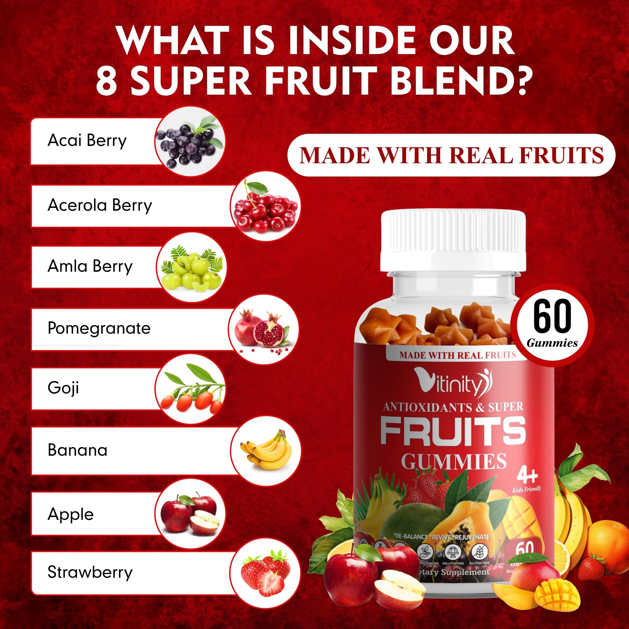 VITINITY Made with Real Super Fruits Delicious Gummy Supplement,Men,Women & Kids