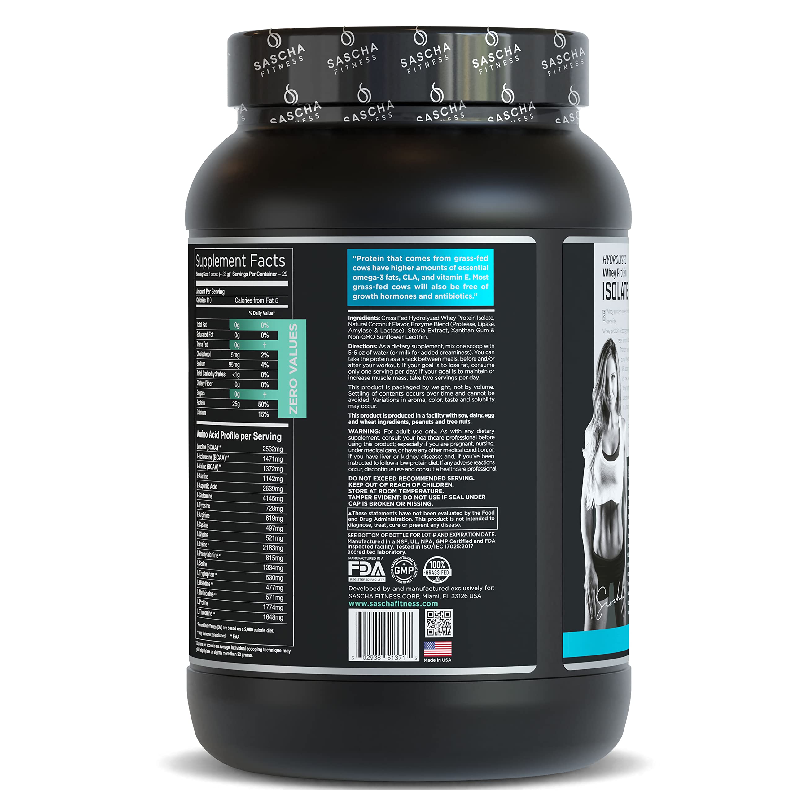 SASCHA FITNESS Hydrolyzed Whey Protein Isolate,100% Grass-Fed (2 Pounds, Coconut)