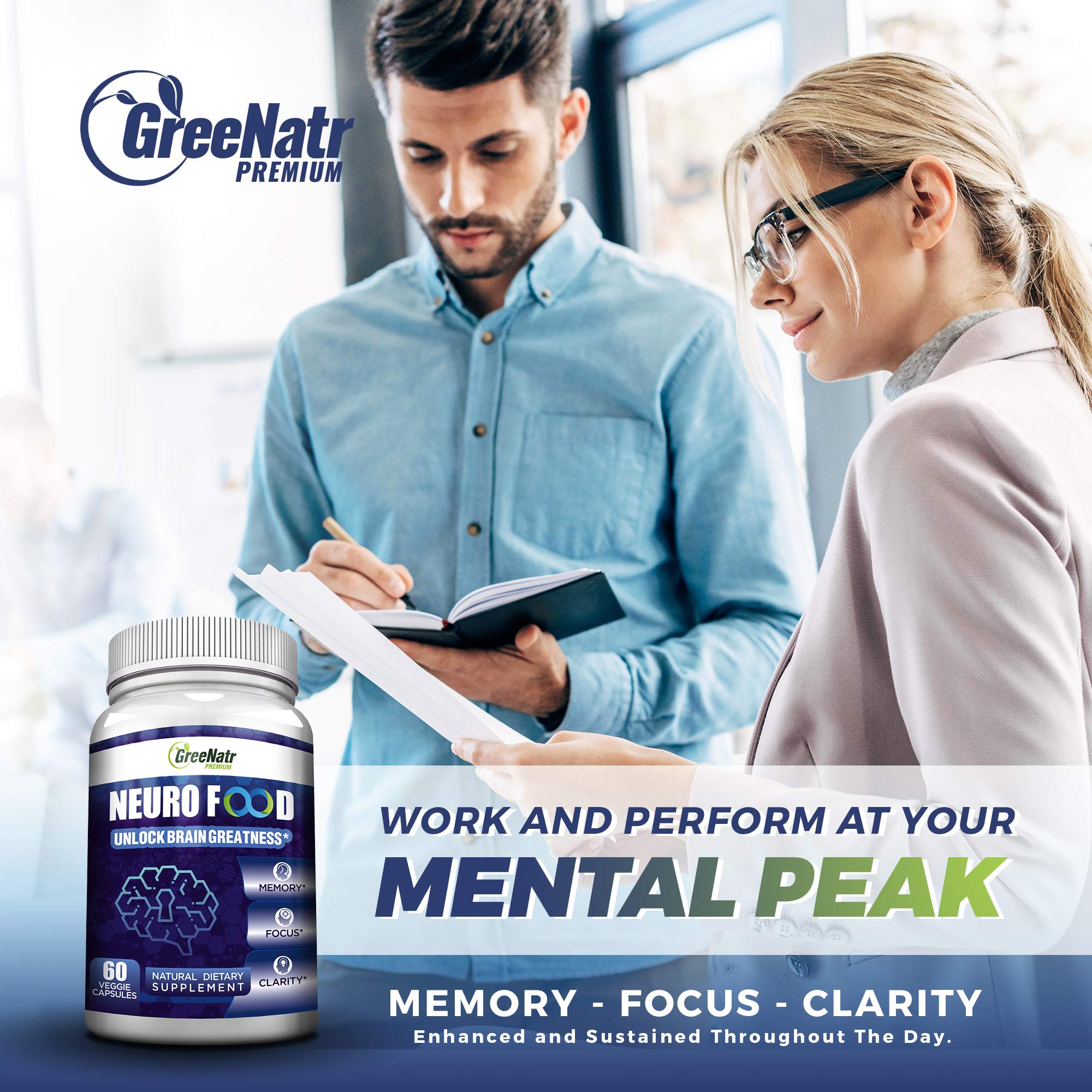 GreeNatr Brain Supplement with B12 Vitamin for Enhanced Memory, Energy, Focus, and Clarity