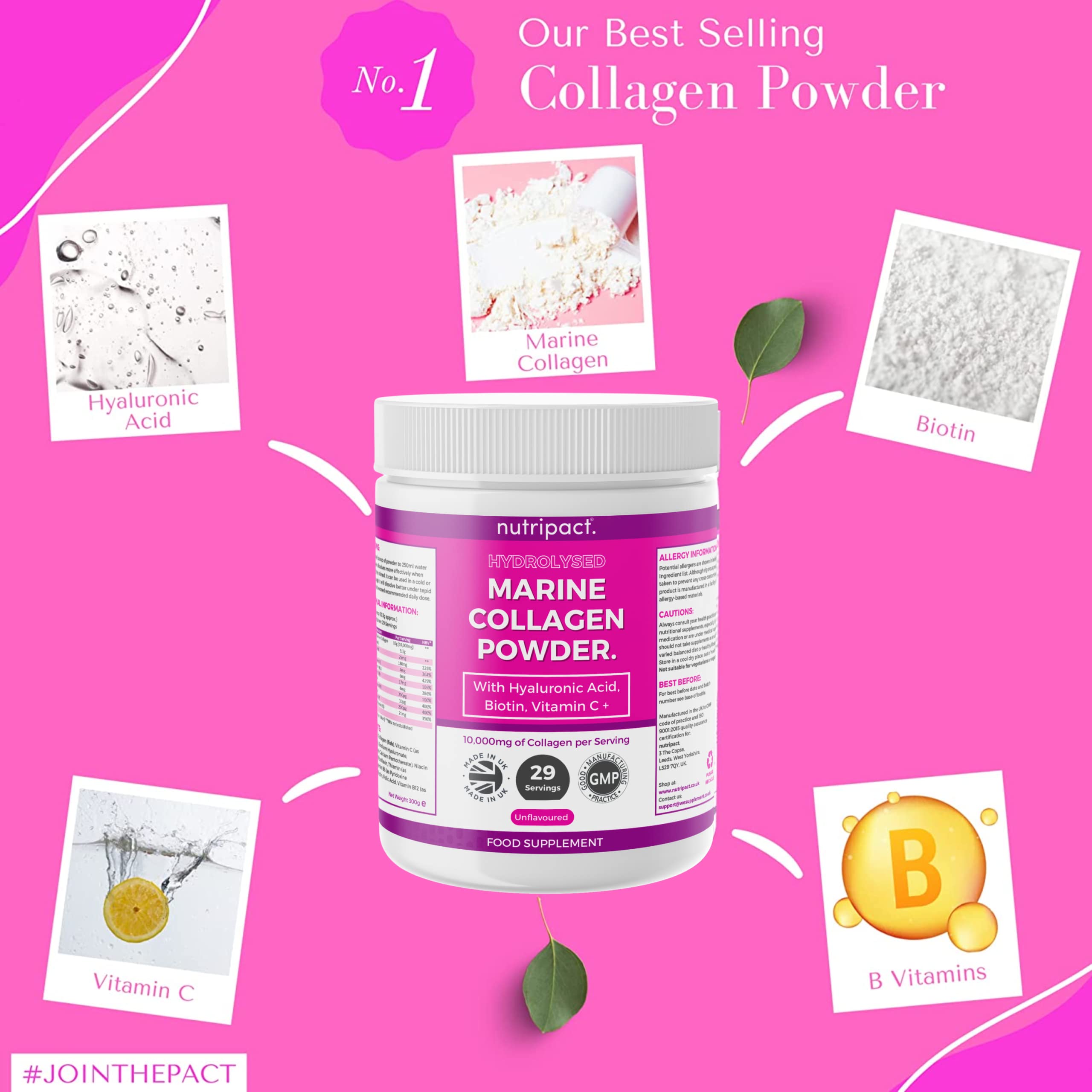 Hydrolysed Marine Collagen Peptides Powder with Hyaluronic Acid, Biotin, Vitamin C & B Vitamins – 10,000mg Collagen