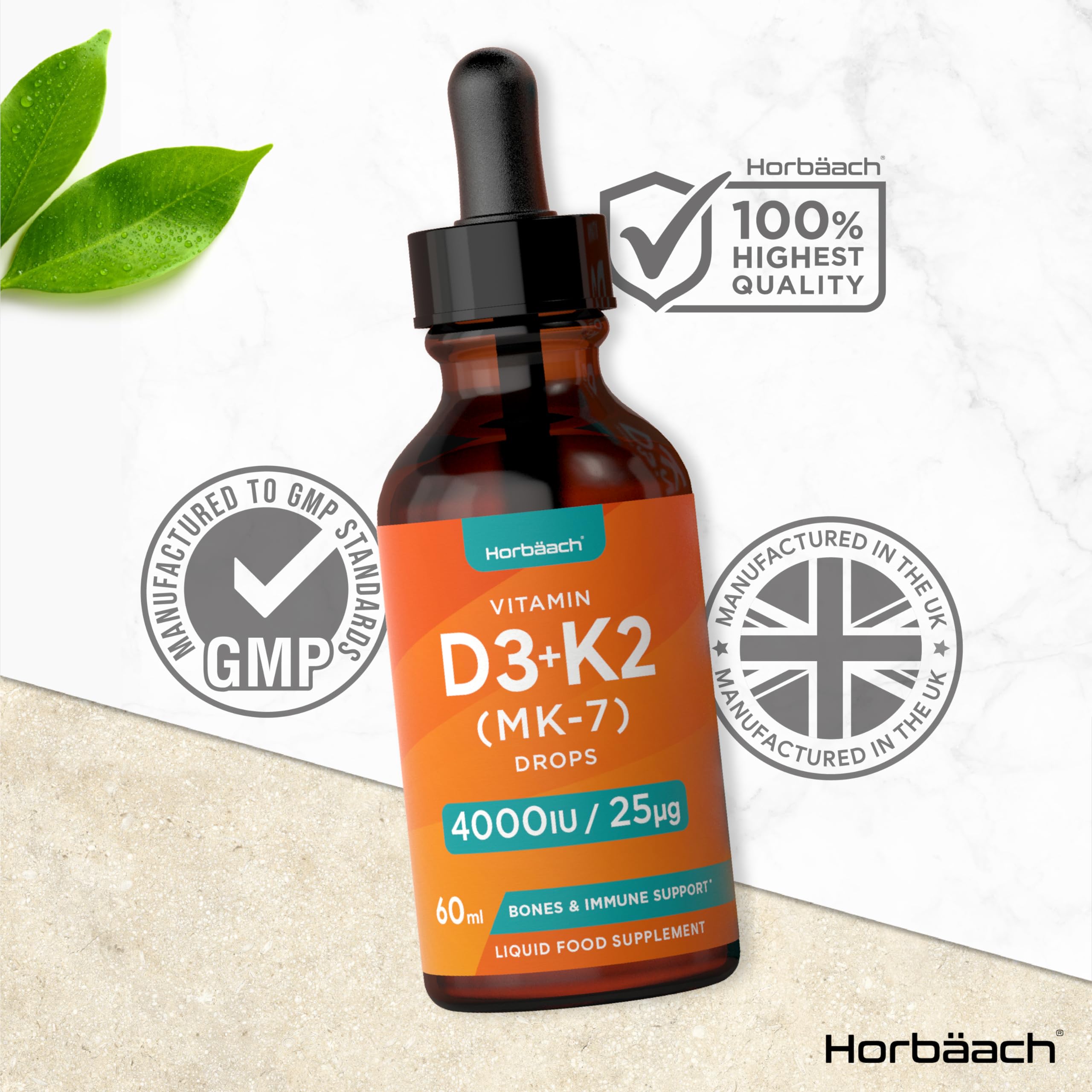 Vitamin D3 K2 Drops | 60mL | High Strength Vitamin D3 4000iu and K2 25ug | No Artificial