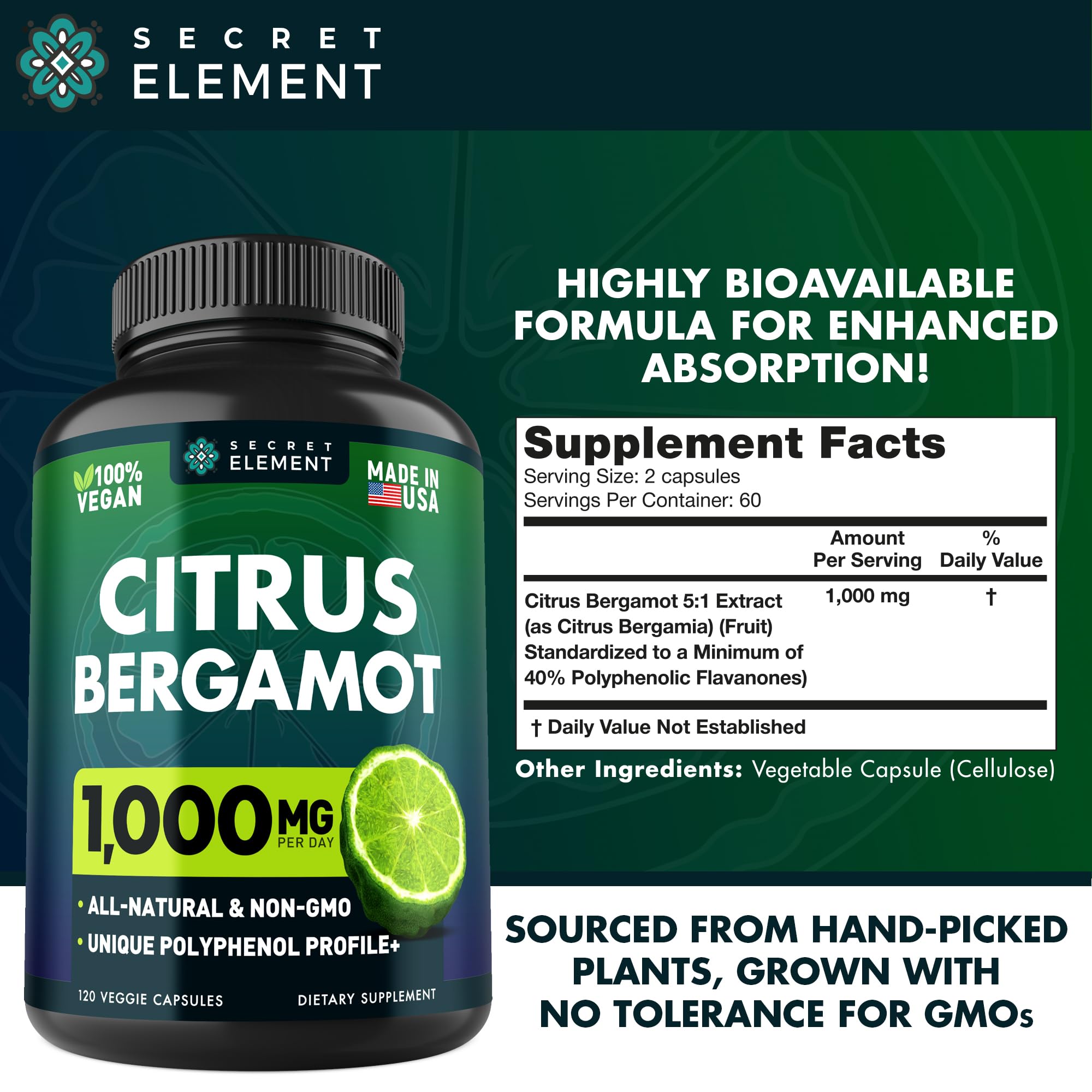 Citrus Bergamot Extract 1000mg - Citrus Bergamot Supplement for Heart, Immune System