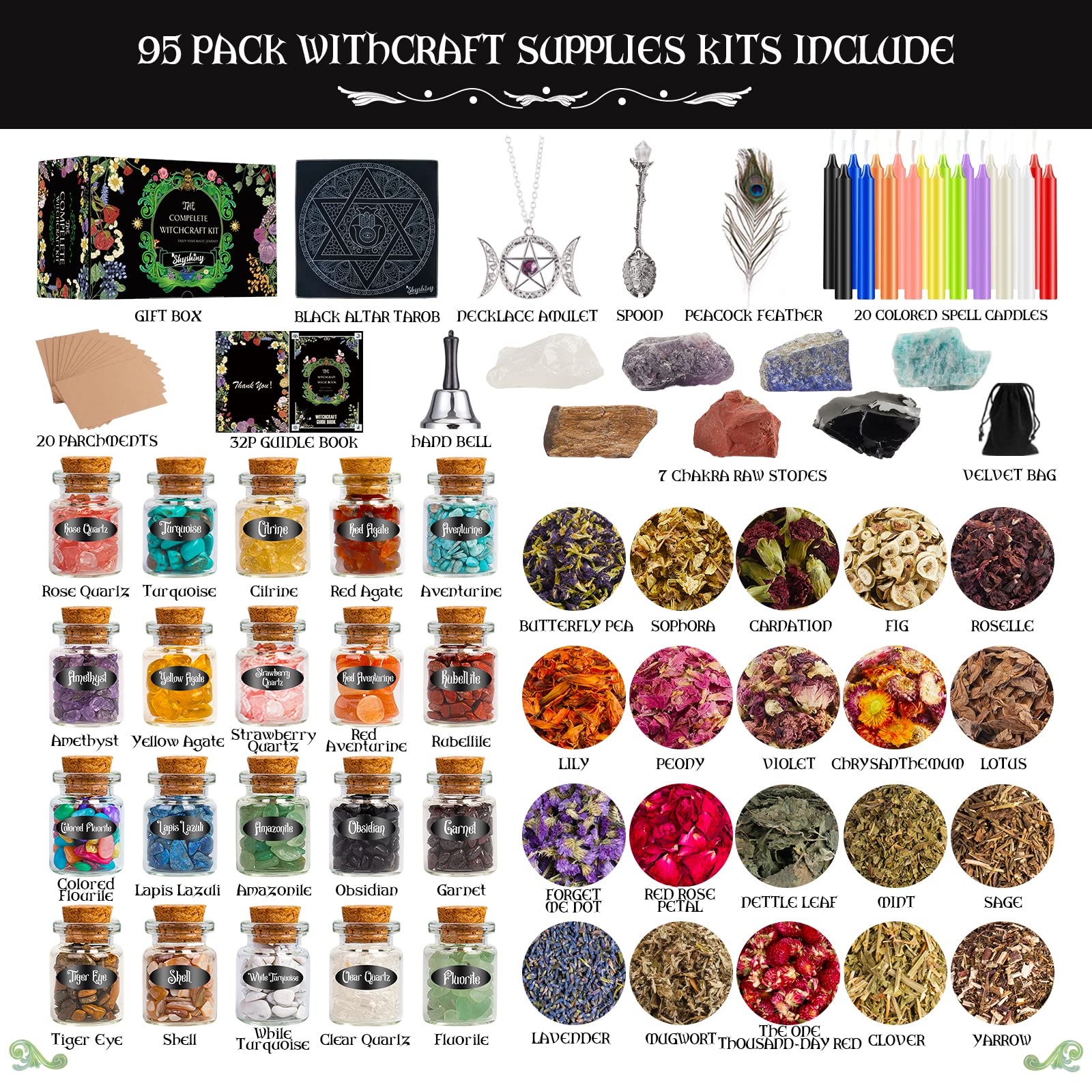 SHYSHINY Witchcraft Supplies Kit for Wiccan Spells, 95 Pack of 7 Chakra Stones, Crystals, Dried Herbs