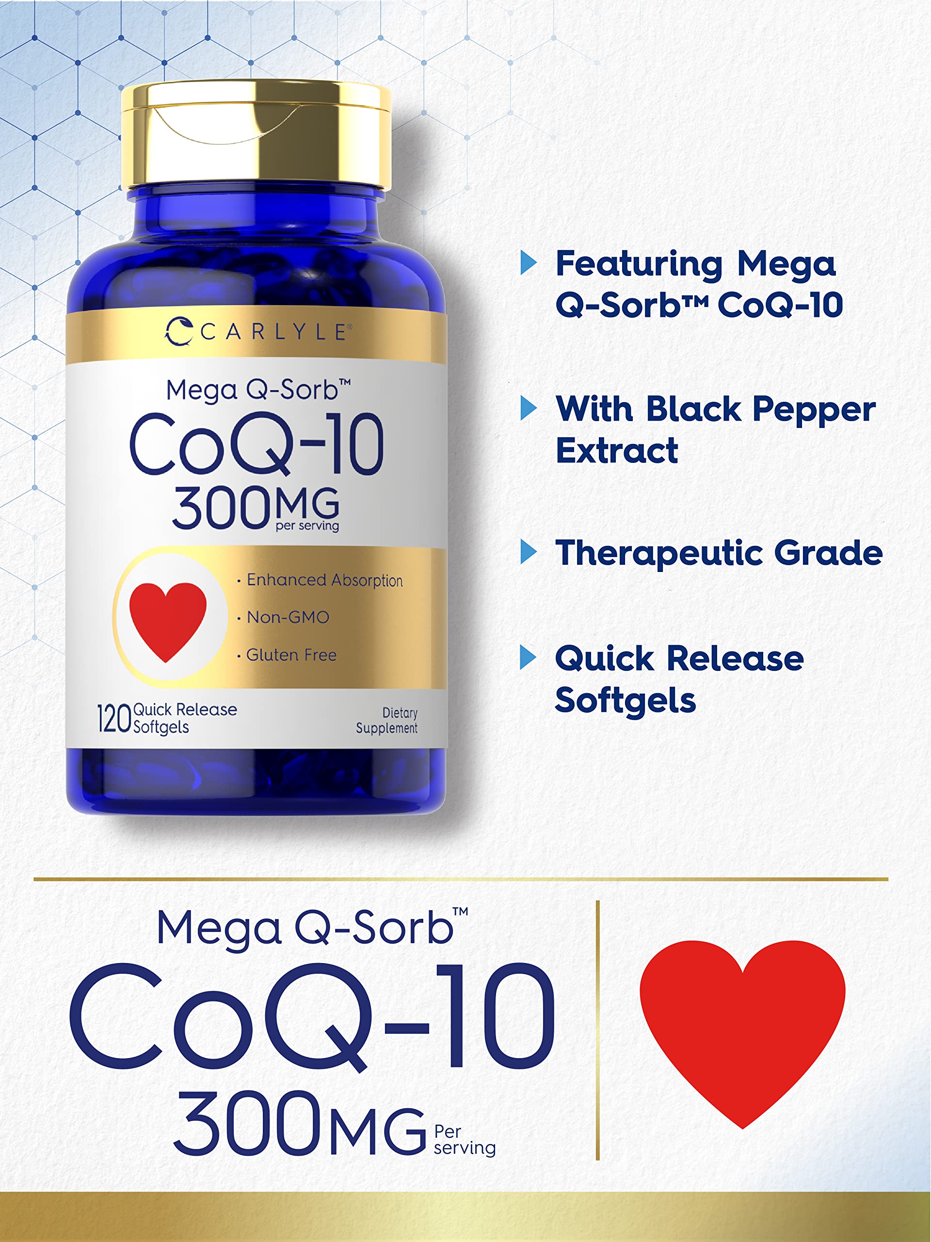Carlyle CoQ10 300mg | 120 Softgels | Mega Q-Sorb Coenzyme Q-10 | with Black Pepper