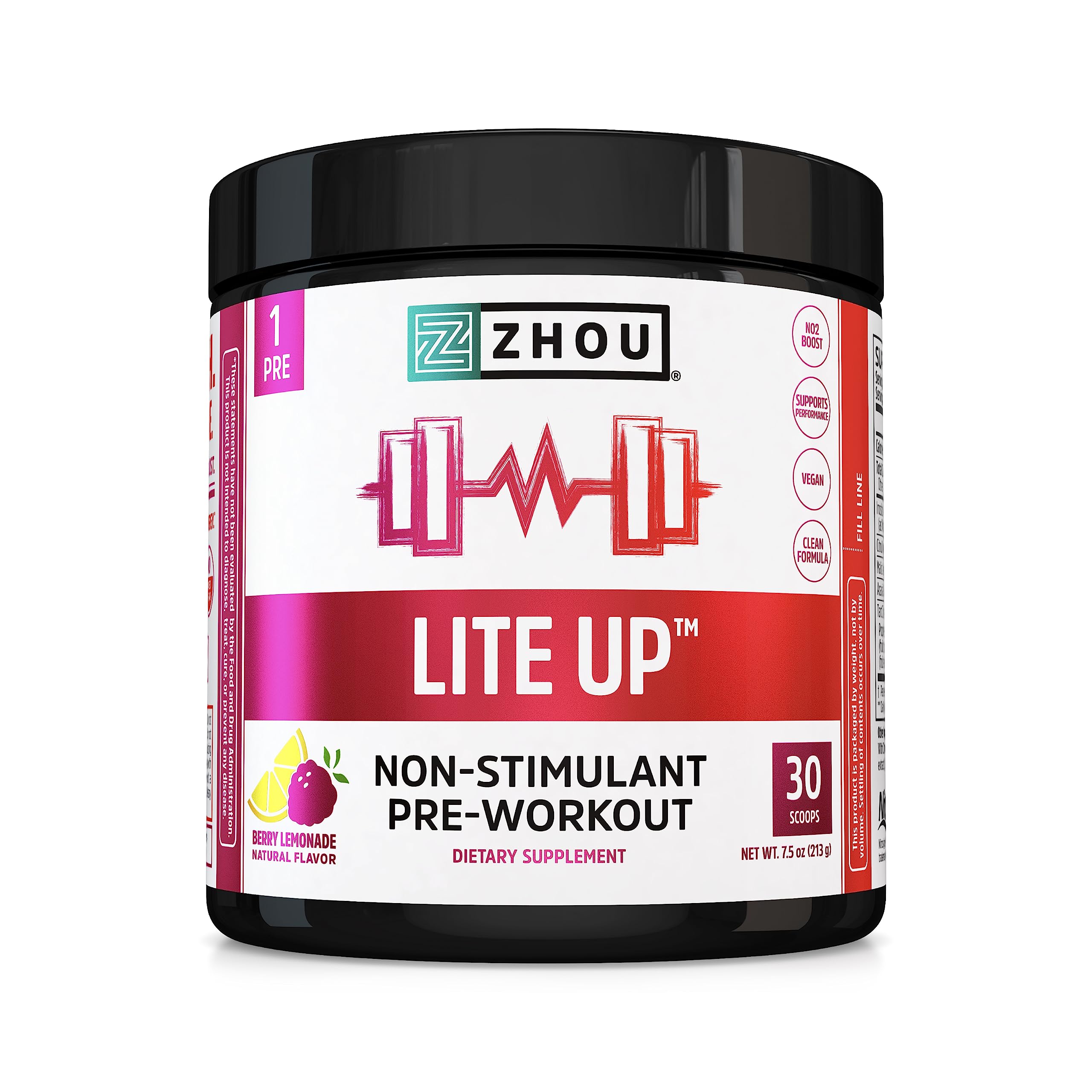 Zhou Nutrition Lite Up, Non-Stimulant Pre Workout Powder, Caffeine Free Nitric Oxide 
