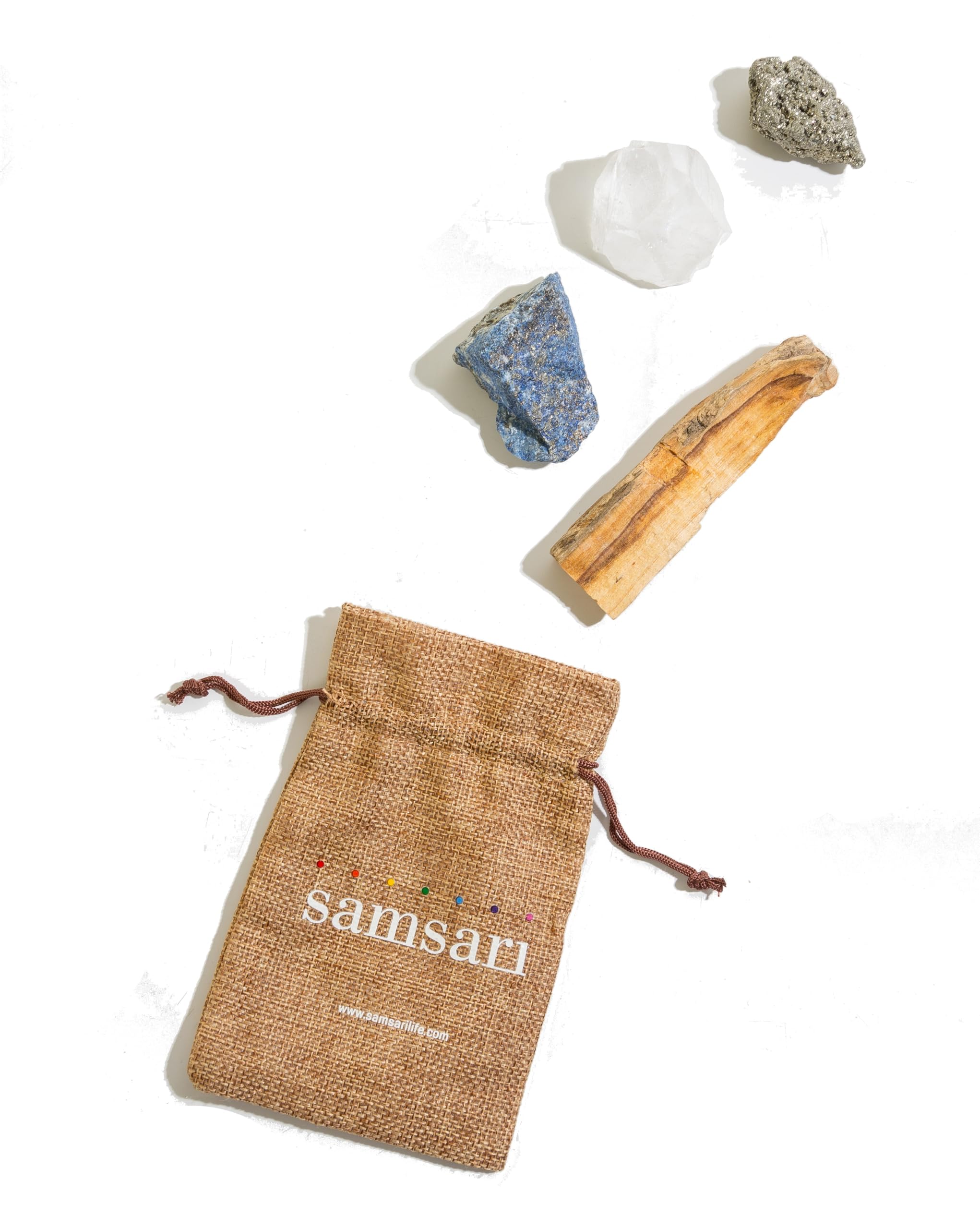5PCS SAMSARI Abundance XL Crystals Healing Set - (Pyrite, Lapis Lazuli, Clear Quartz), 1 Palo Santo Stick