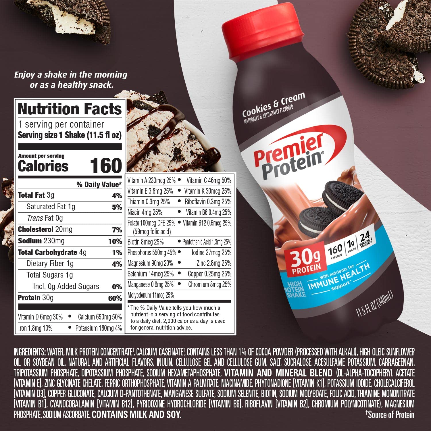Premier Protein Shake, Cookies & Cream, 30g Protein, 1g Sugar, 24 Vitamins & Minerals